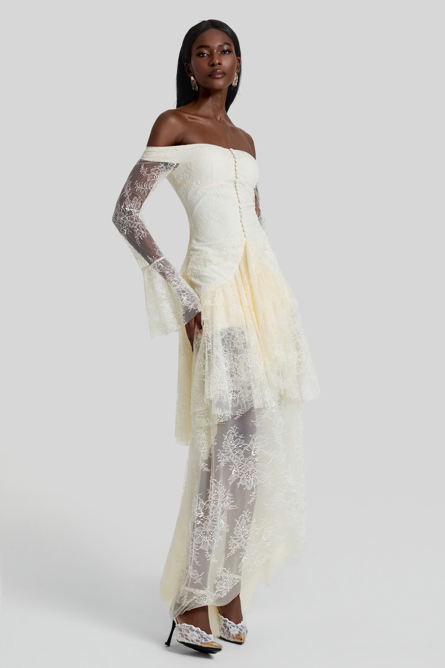 Lace Off Shoulder Ruffle Maxi Dress