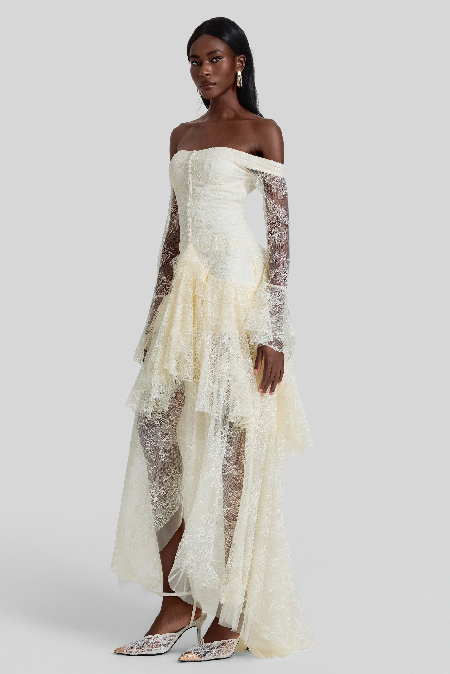 Lace Off Shoulder Ruffle Maxi Dress