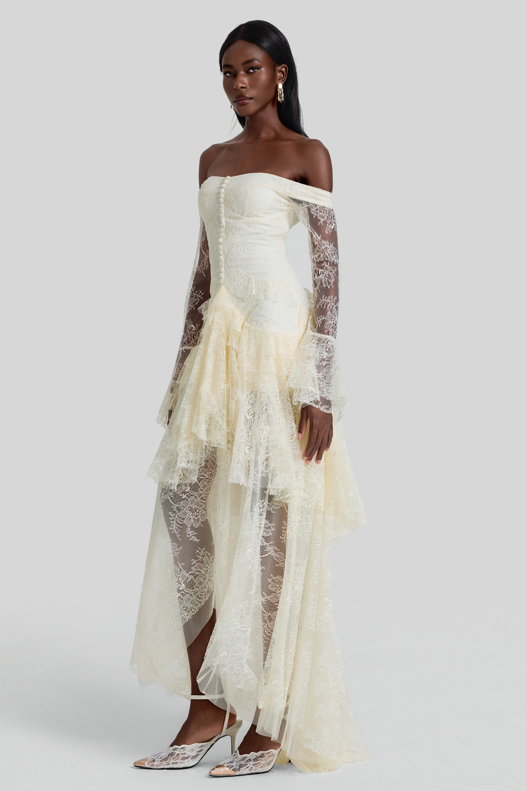 Lace Off Shoulder Ruffle Maxi Dress