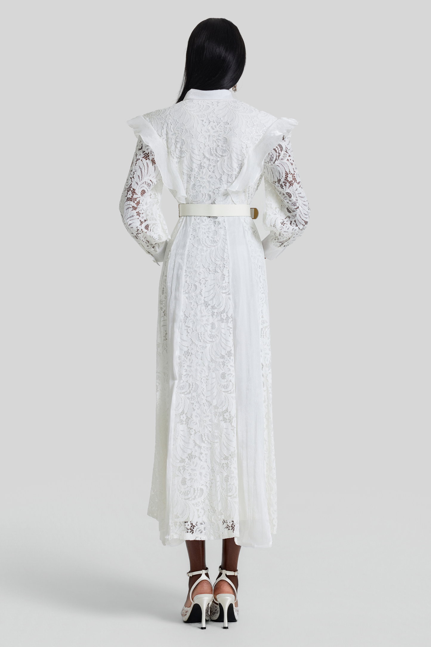 Nail Bead Embroidery Ruffle Flapped Midi Dress With Belt