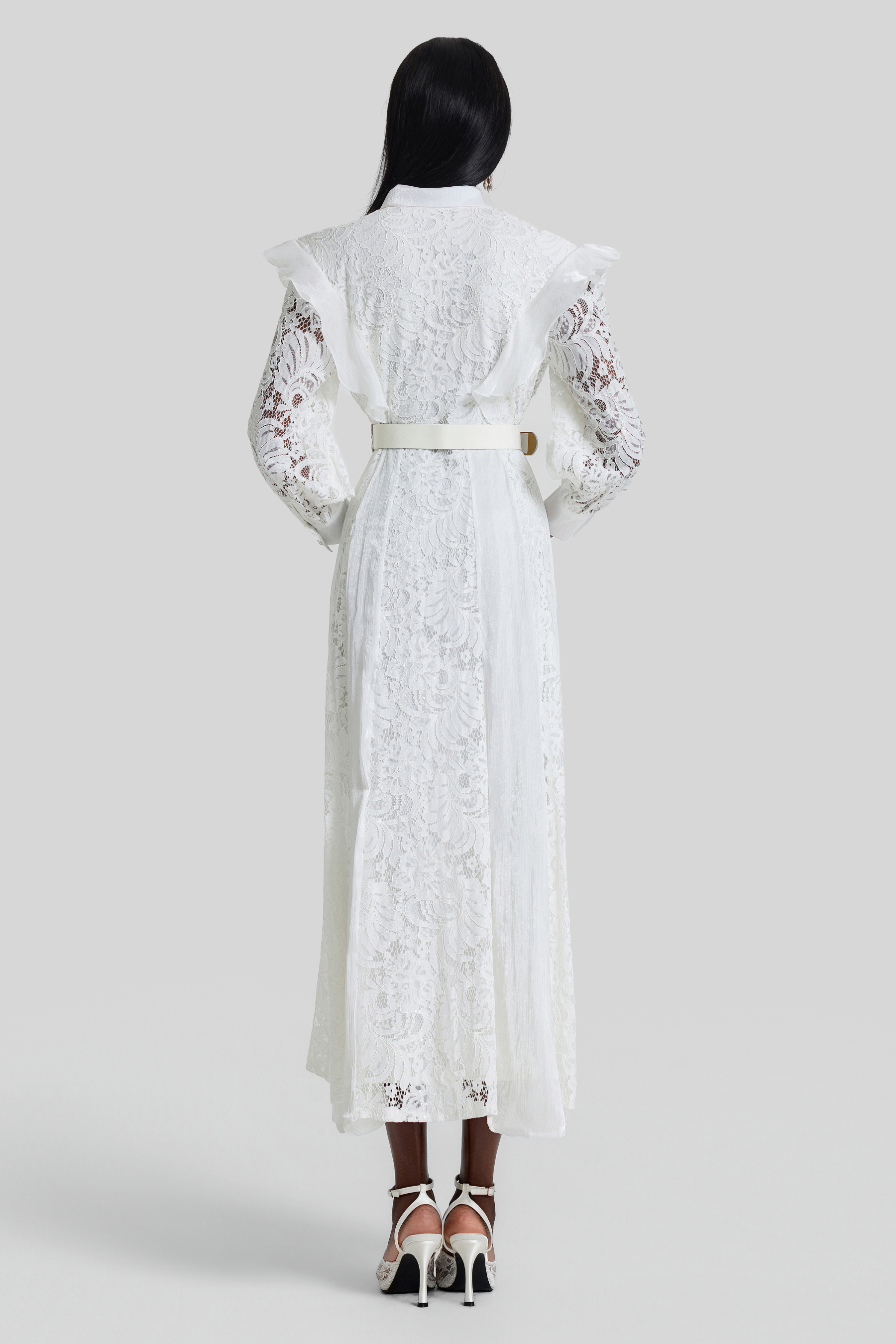 Nail Bead Embroidery Ruffle Flapped Midi Dress With Belt