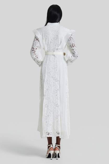 Nail Bead Embroidery Ruffle Flapped Midi Dress With Belt