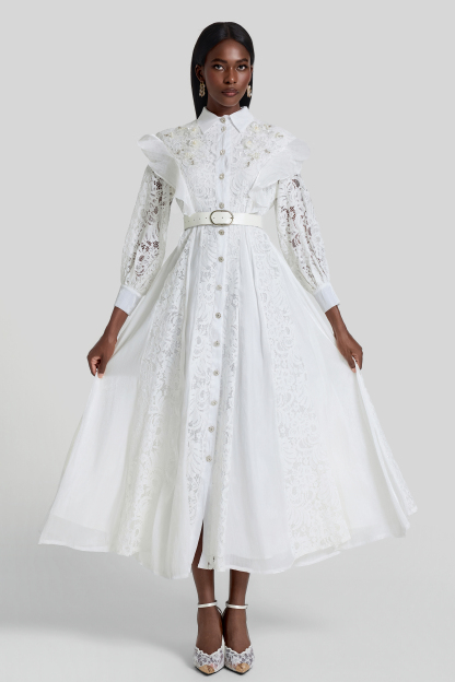 Nail Bead Embroidery Ruffle Flapped Midi Dress With Belt