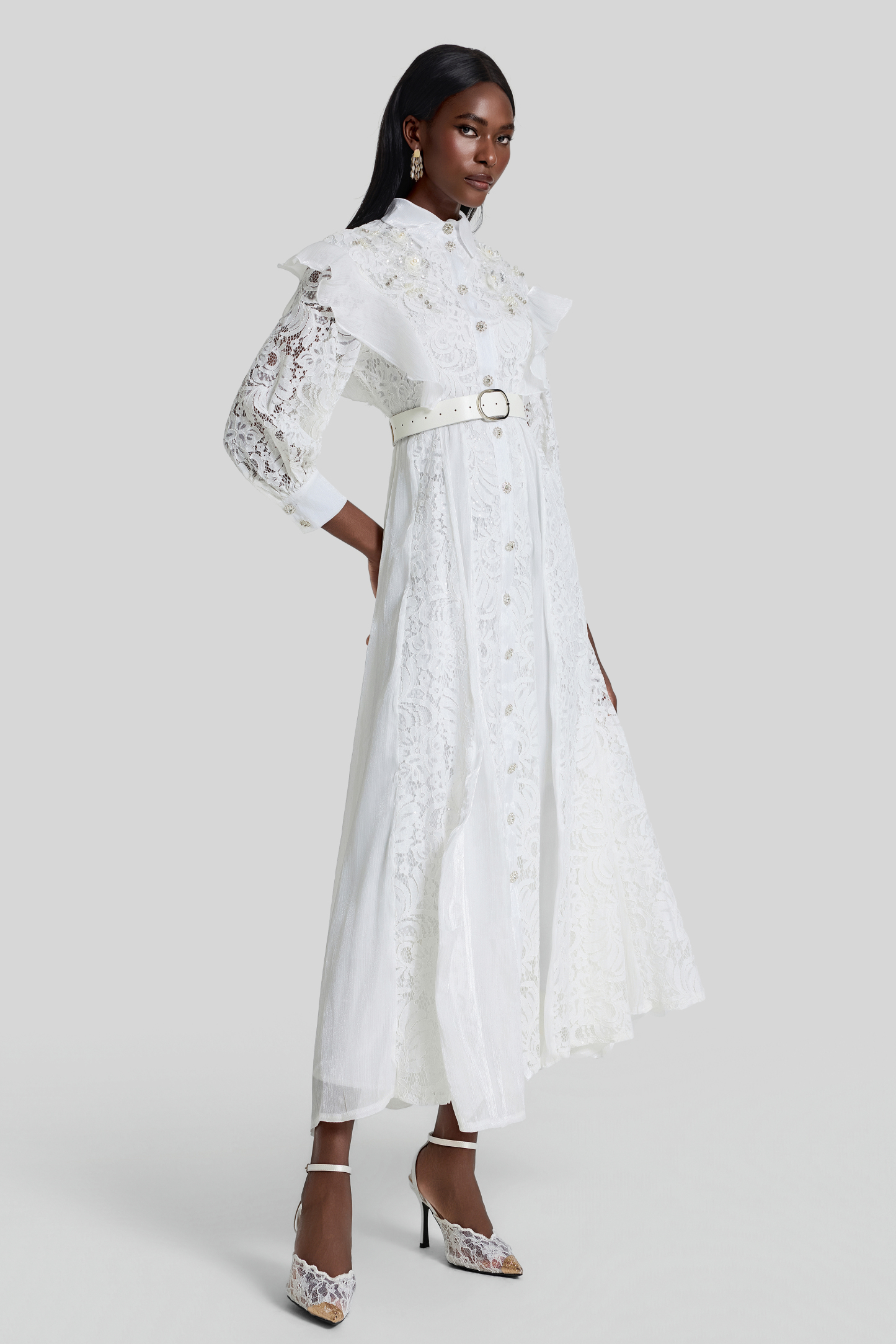 Nail Bead Embroidery Ruffle Flapped Midi Dress With Belt