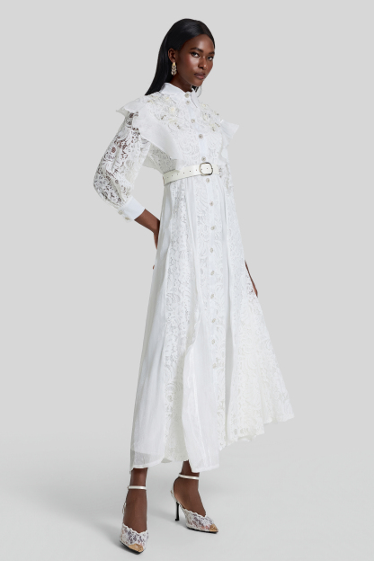 Nail Bead Embroidery Ruffle Flapped Midi Dress With Belt