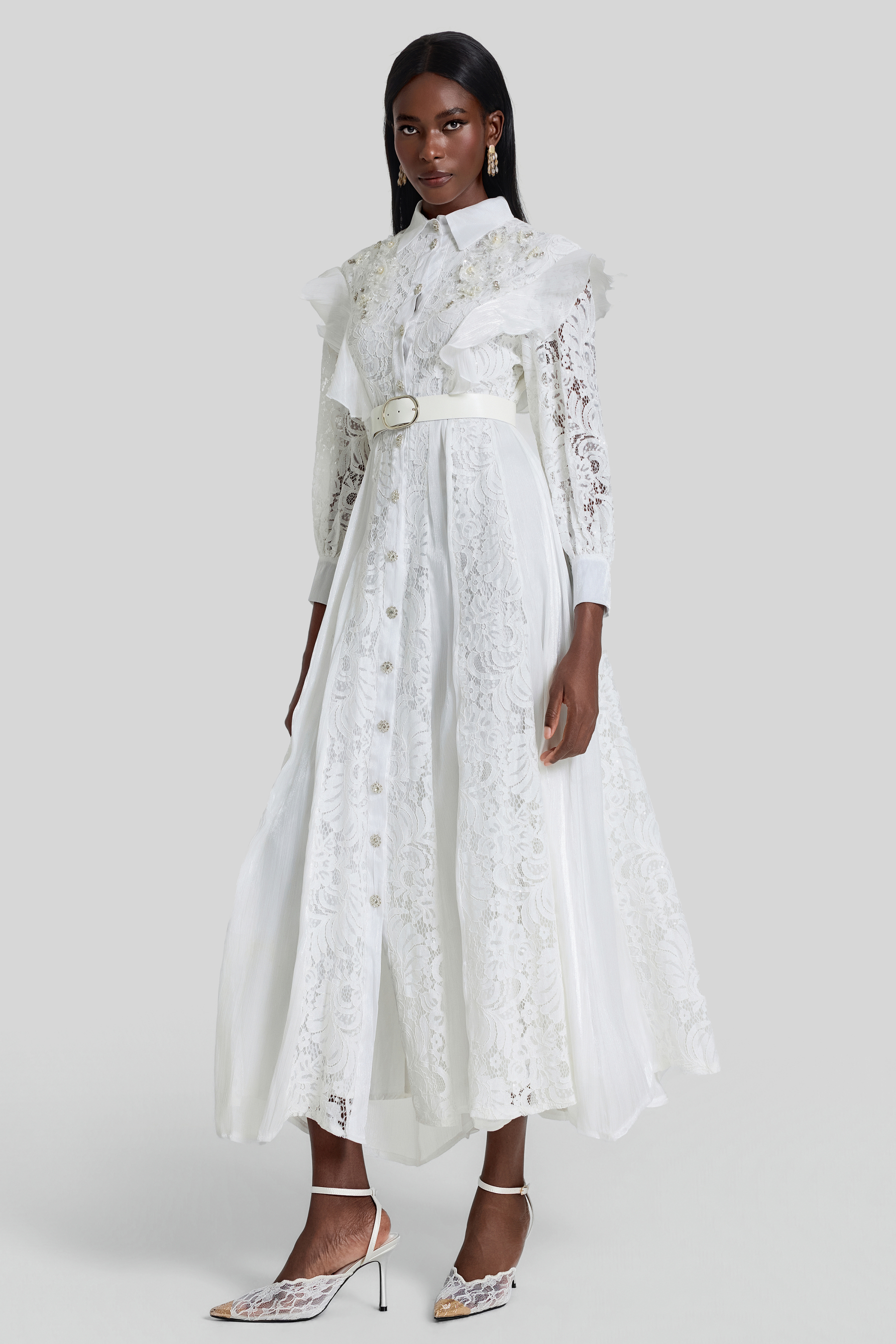 Nail Bead Embroidery Ruffle Flapped Midi Dress With Belt