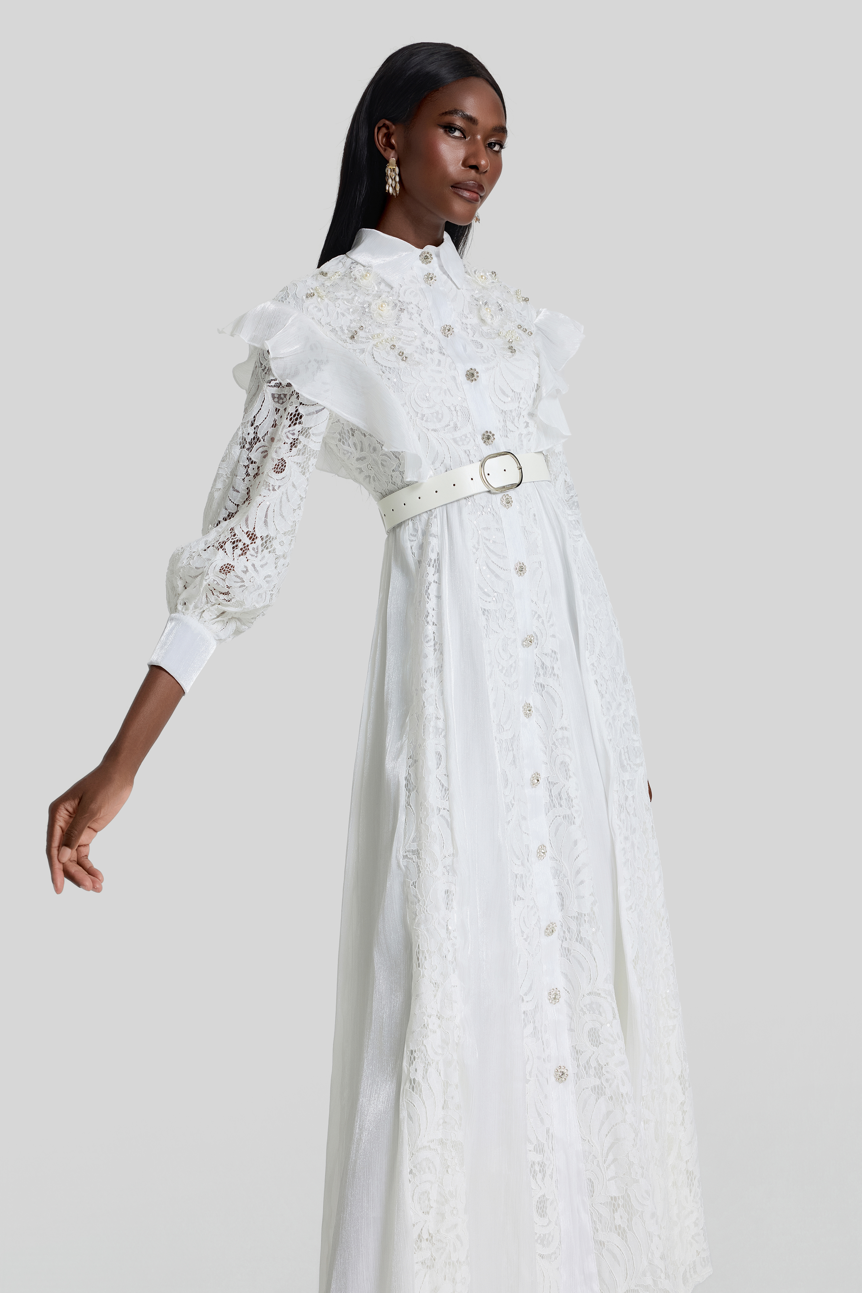 Nail Bead Embroidery Ruffle Flapped Midi Dress With Belt