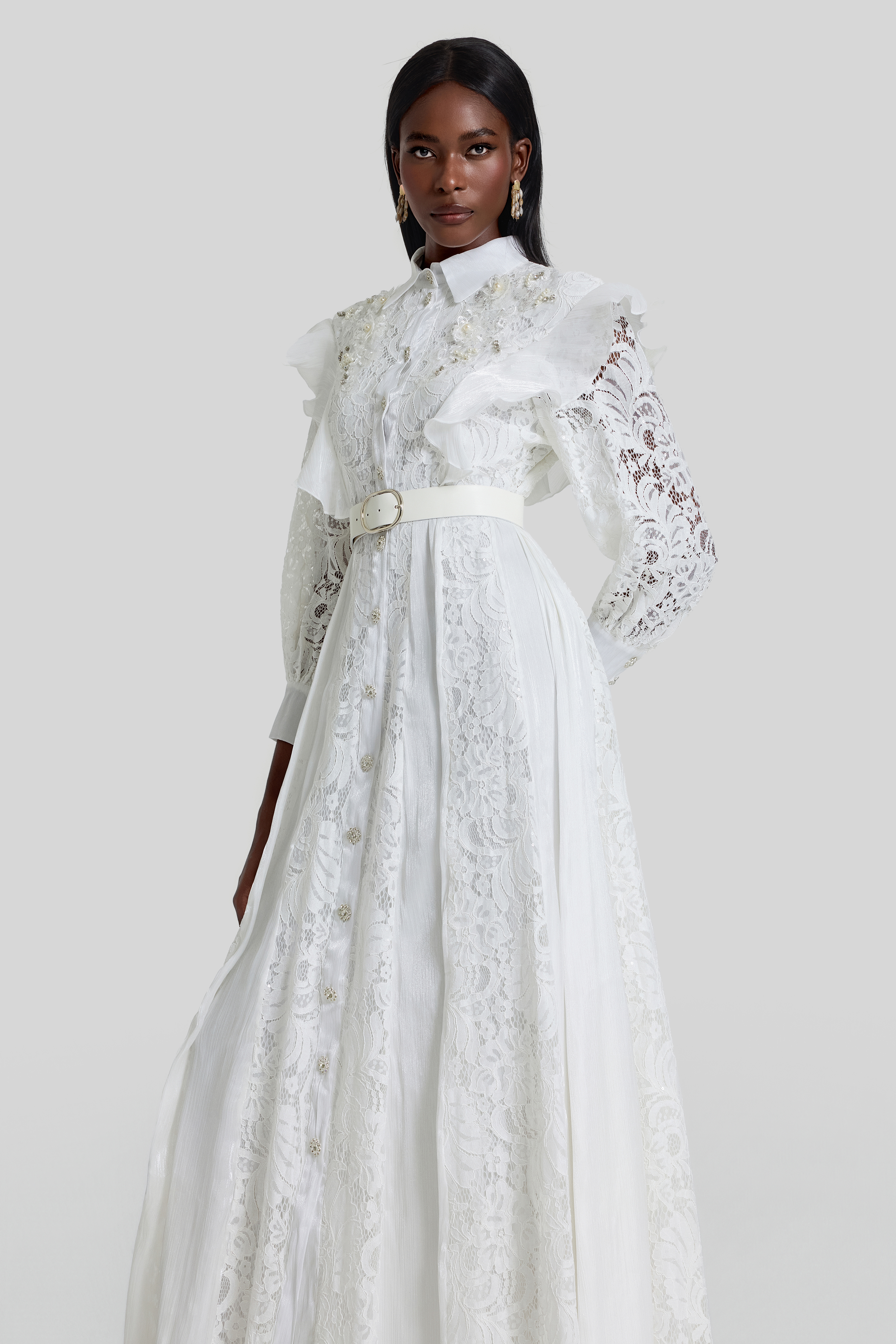Nail Bead Embroidery Ruffle Flapped Midi Dress With Belt