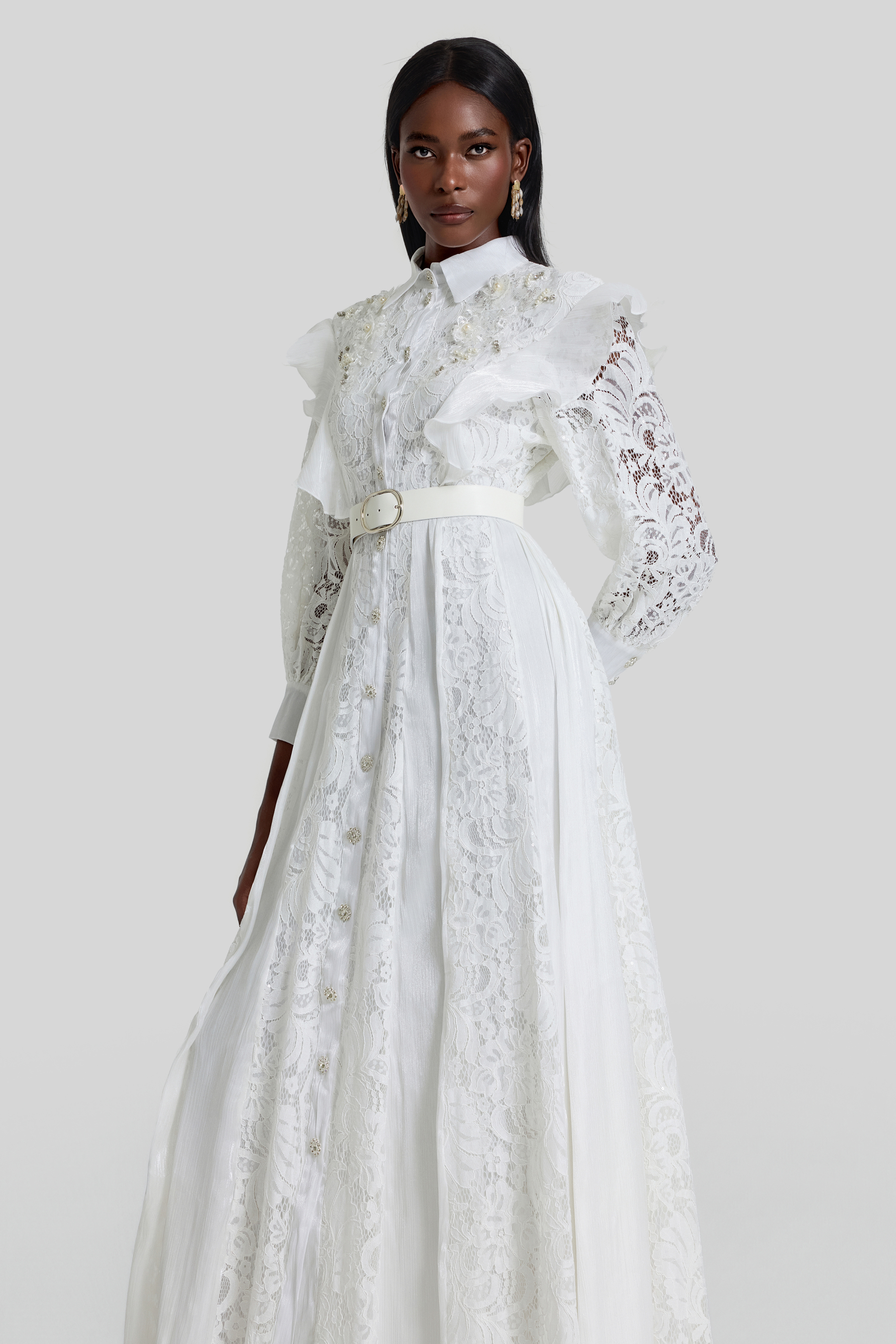 Nail Bead Embroidery Ruffle Flapped Midi Dress With Belt