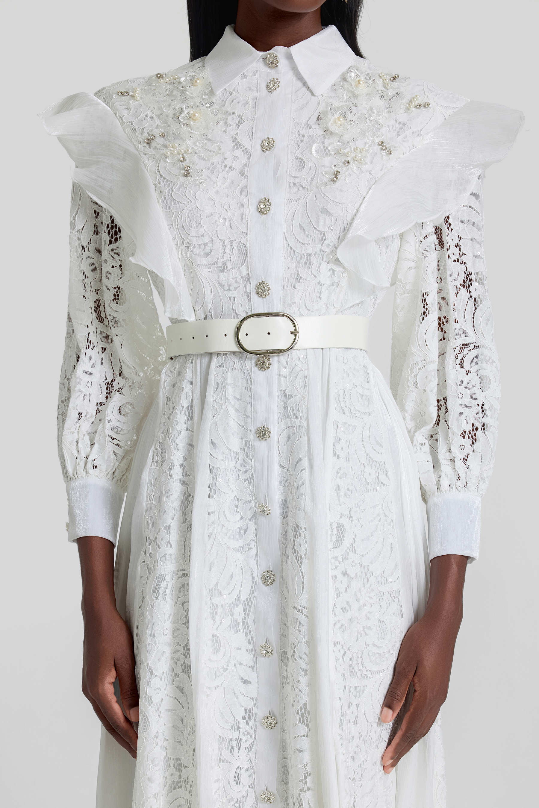 Nail Bead Embroidery Ruffle Flapped Midi Dress With Belt