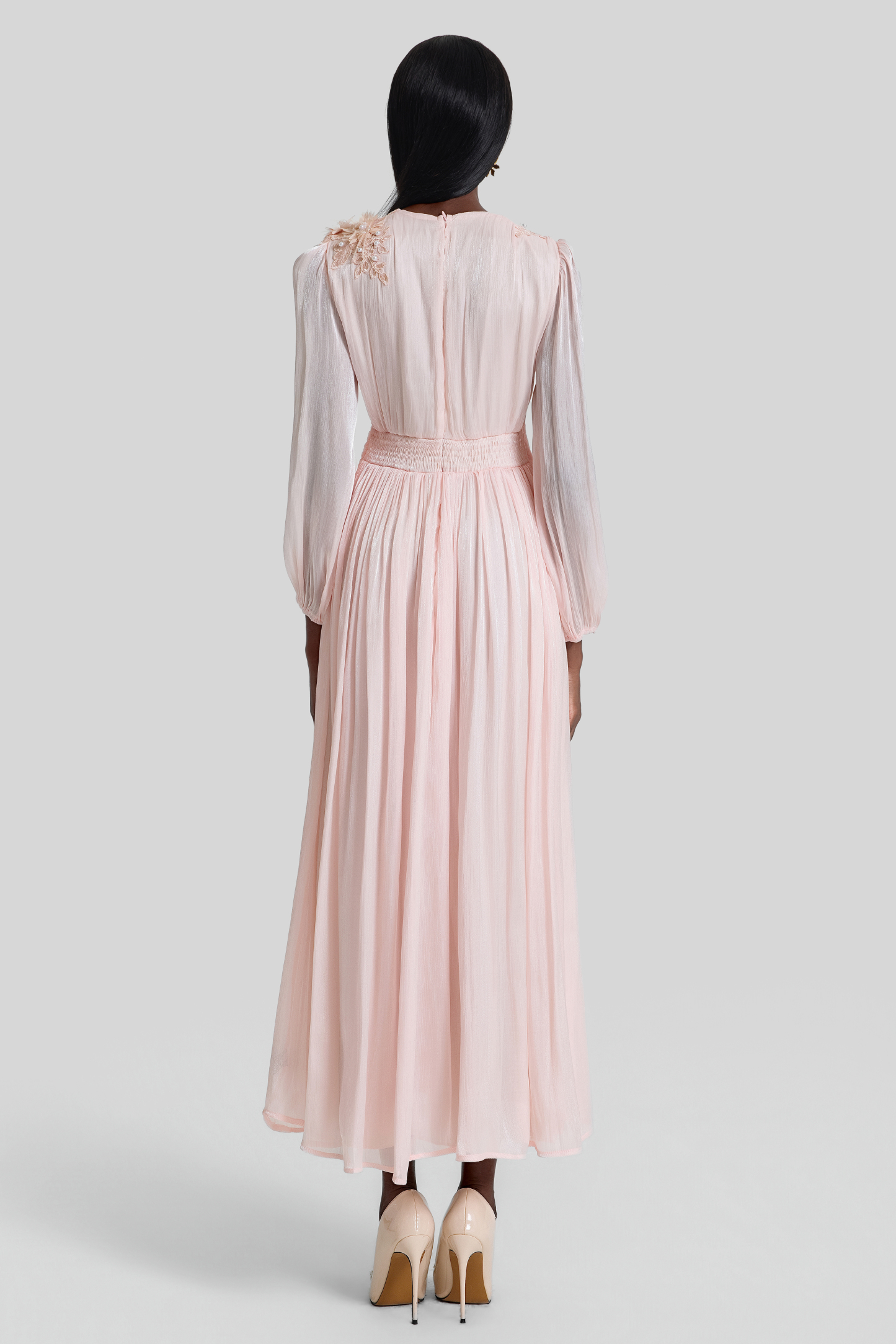 3D Flower V-Neck Gathering Midi Dress