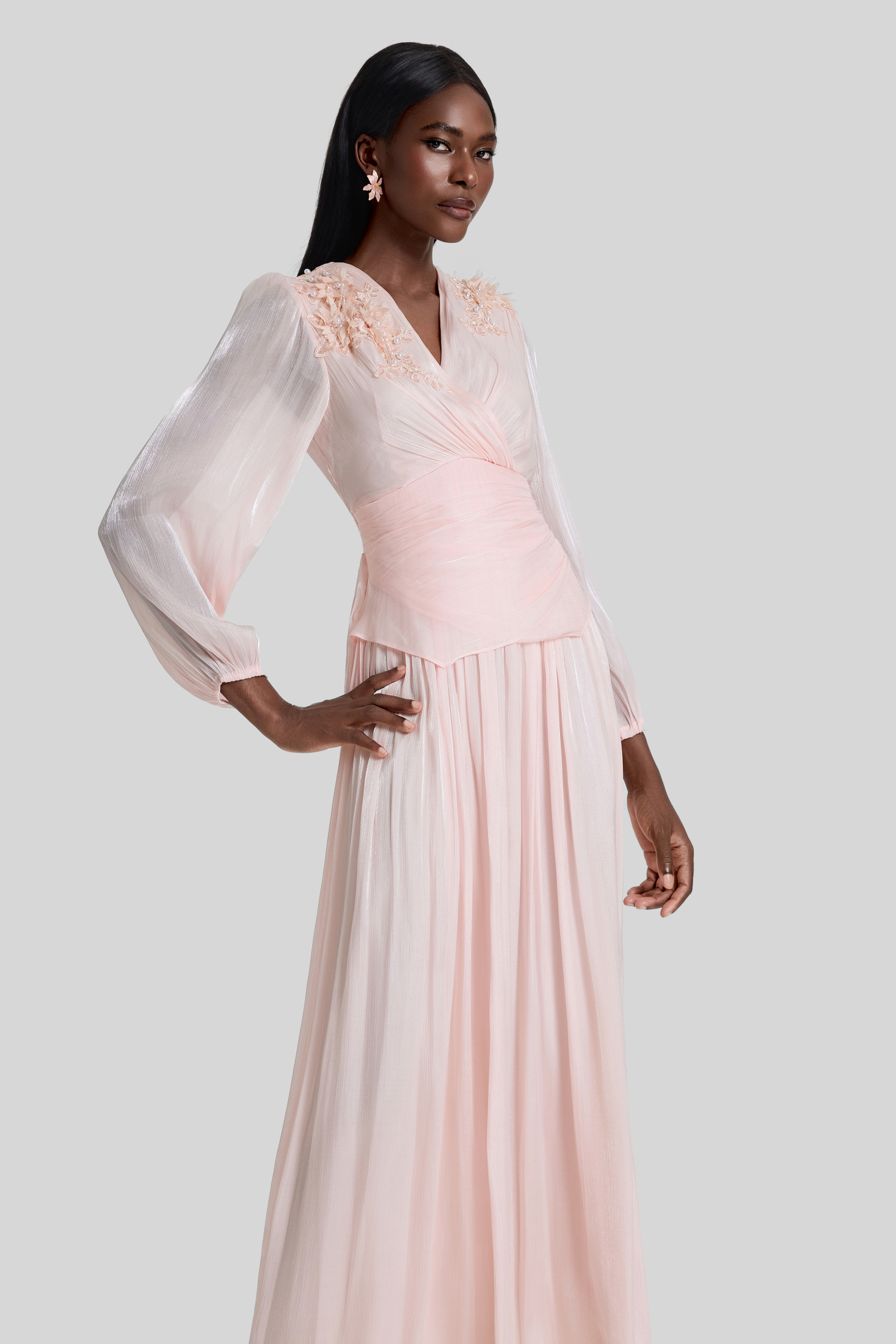 3D Flower V-Neck Gathering Midi Dress