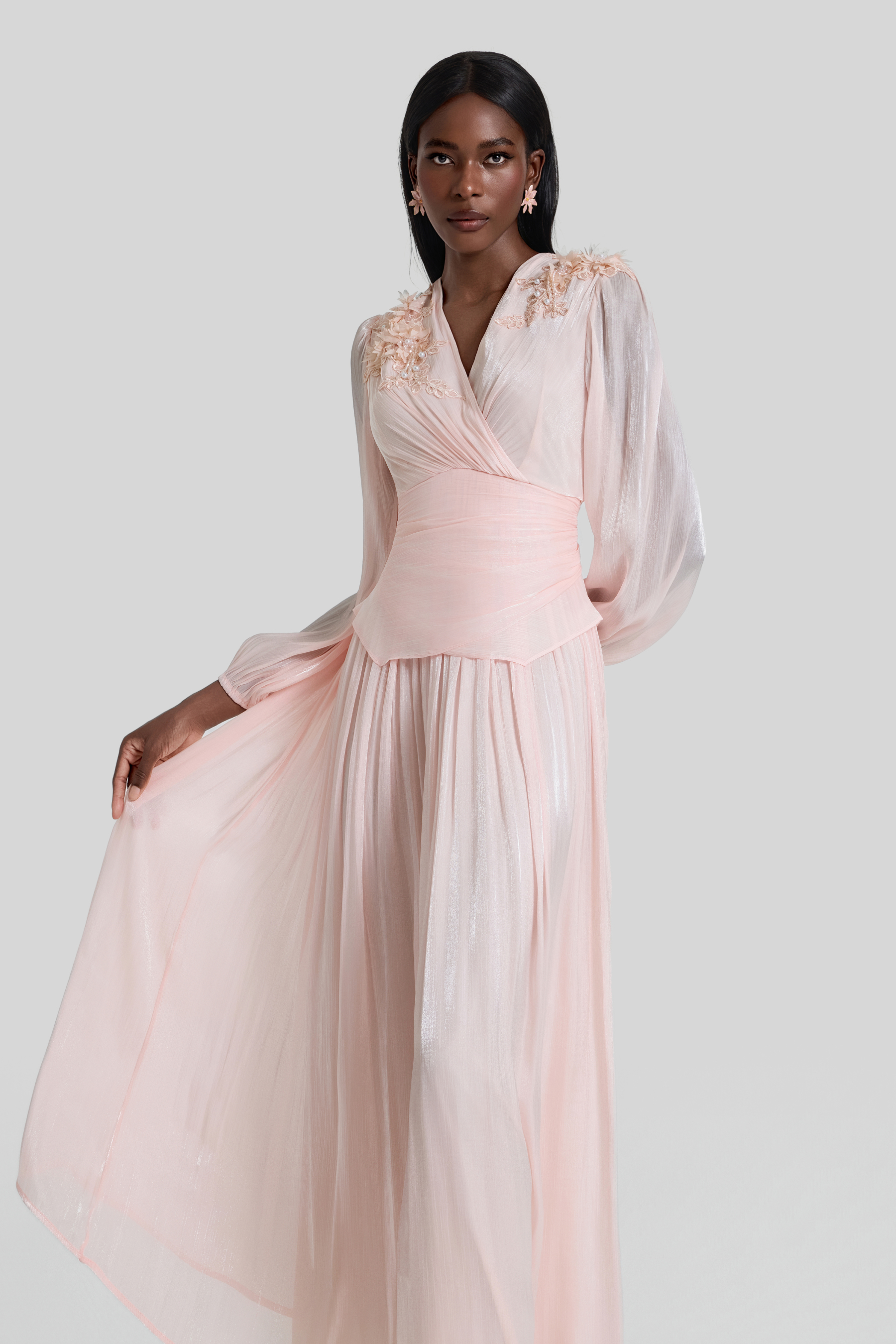 3D Flower V-Neck Gathering Midi Dress