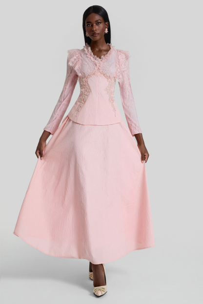 Lace Embroidered Top & Mid Waist Maxi Skirt Set