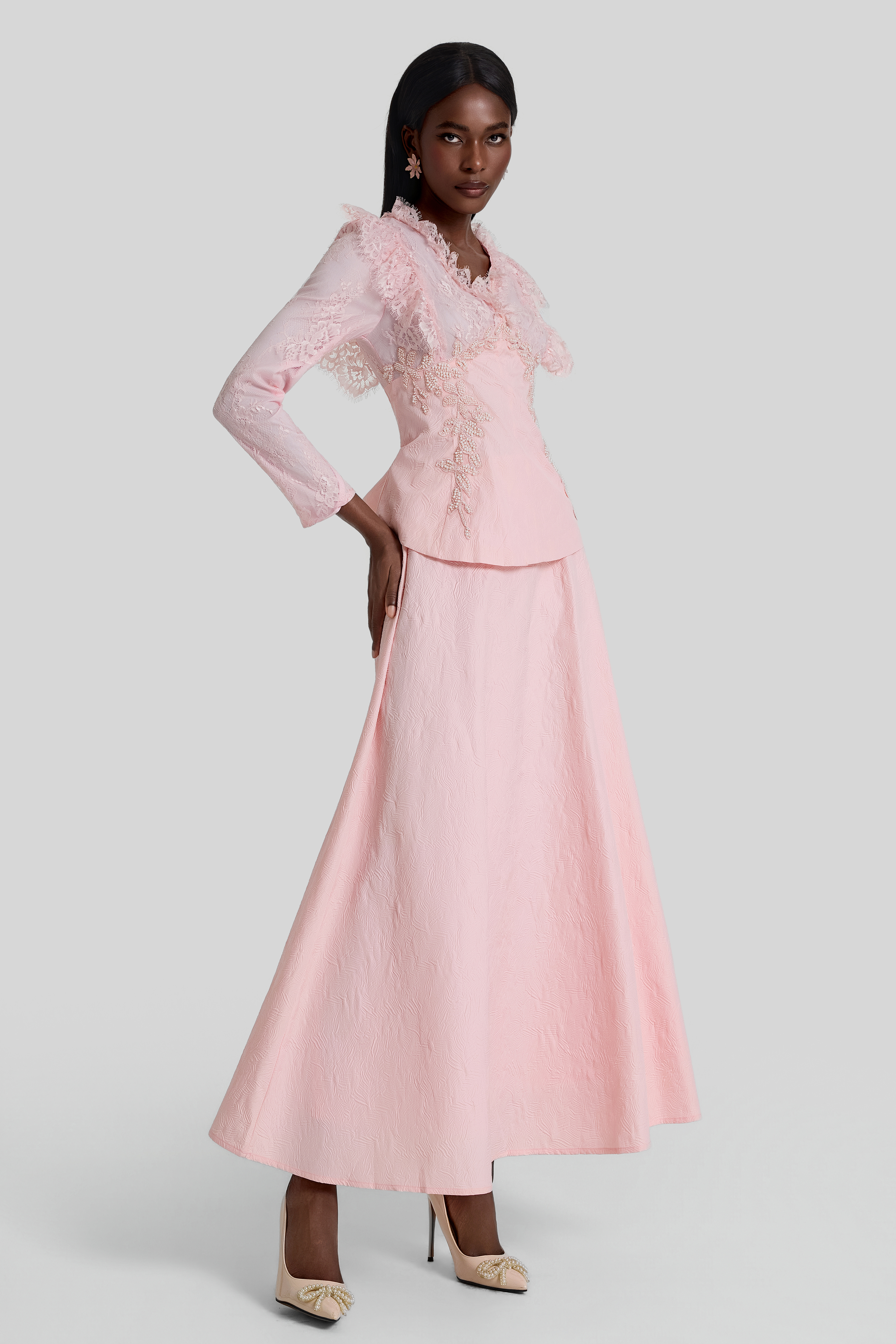 Lace Embroidered Top & Mid Waist Maxi Skirt Set
