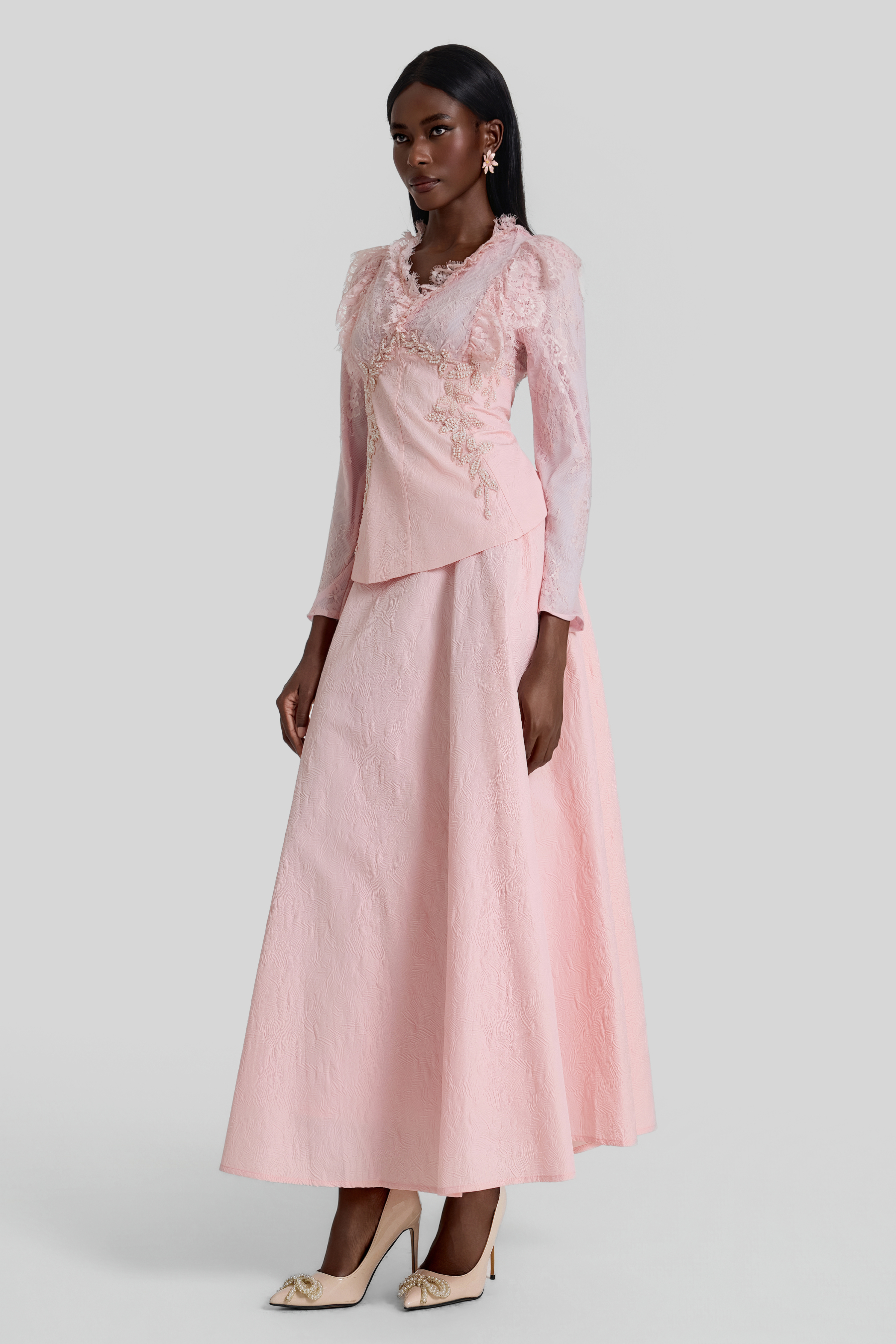 Lace Embroidered Top & Mid Waist Maxi Skirt Set