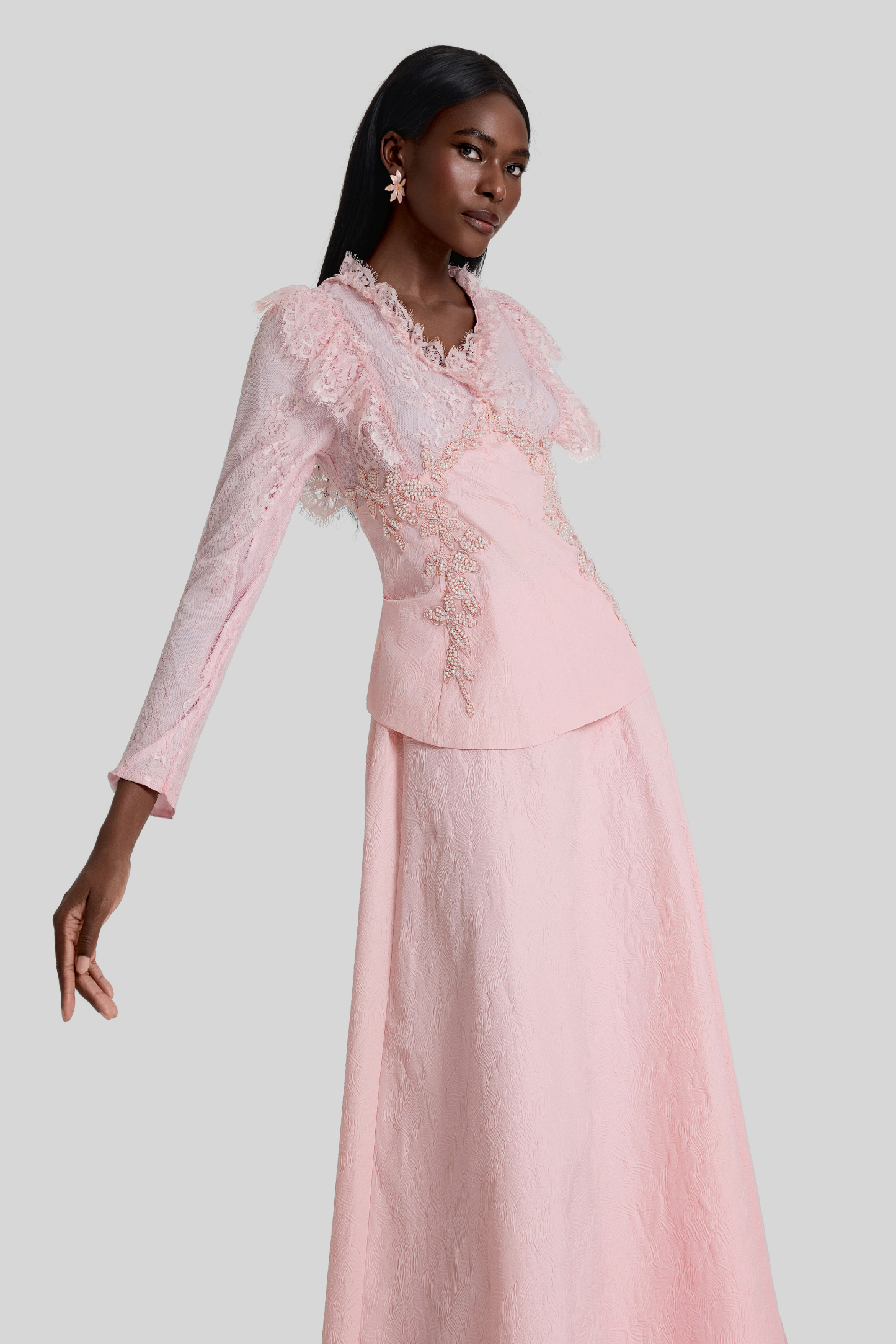 Lace Embroidered Top & Mid Waist Maxi Skirt Set