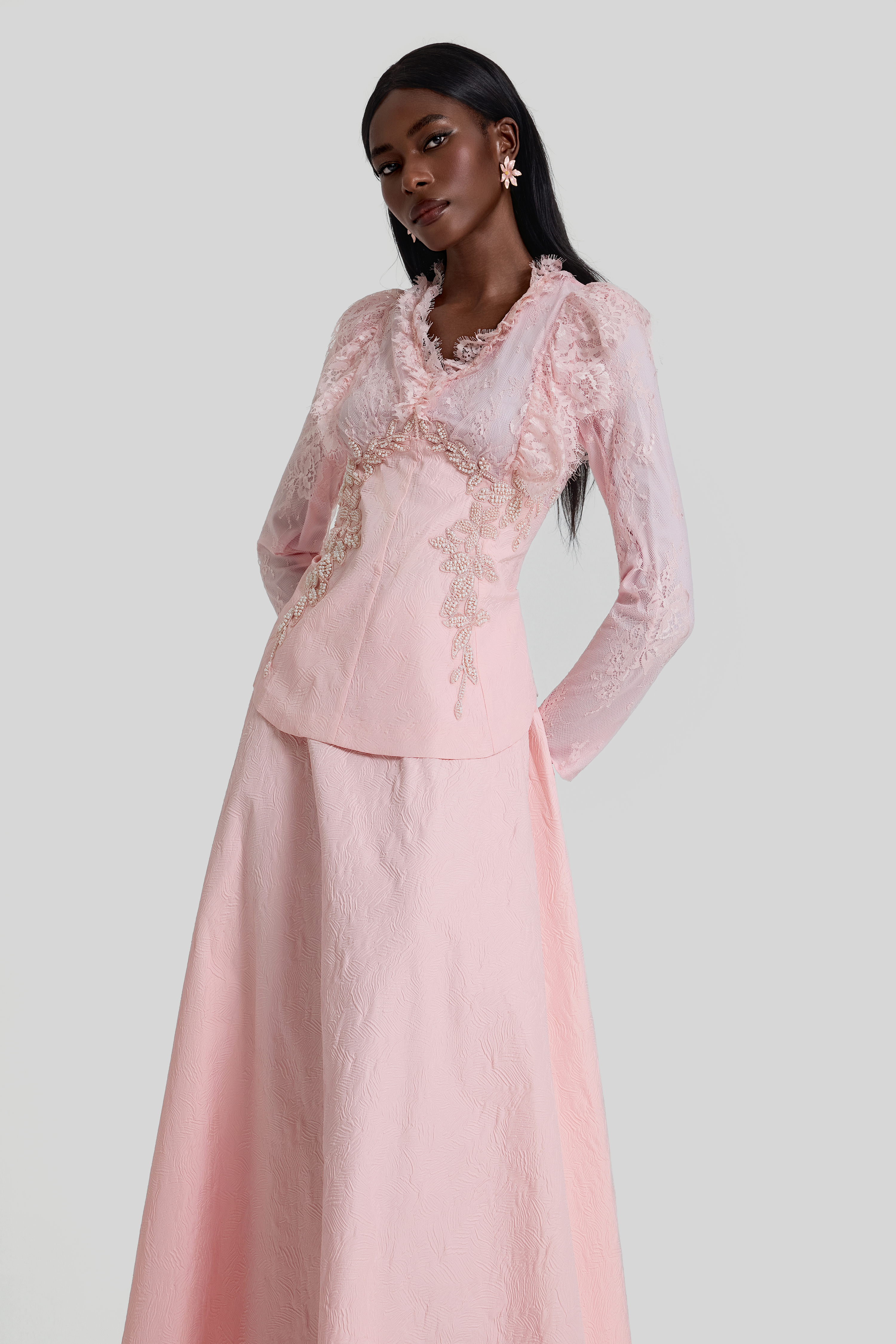 Lace Embroidered Top & Mid Waist Maxi Skirt Set