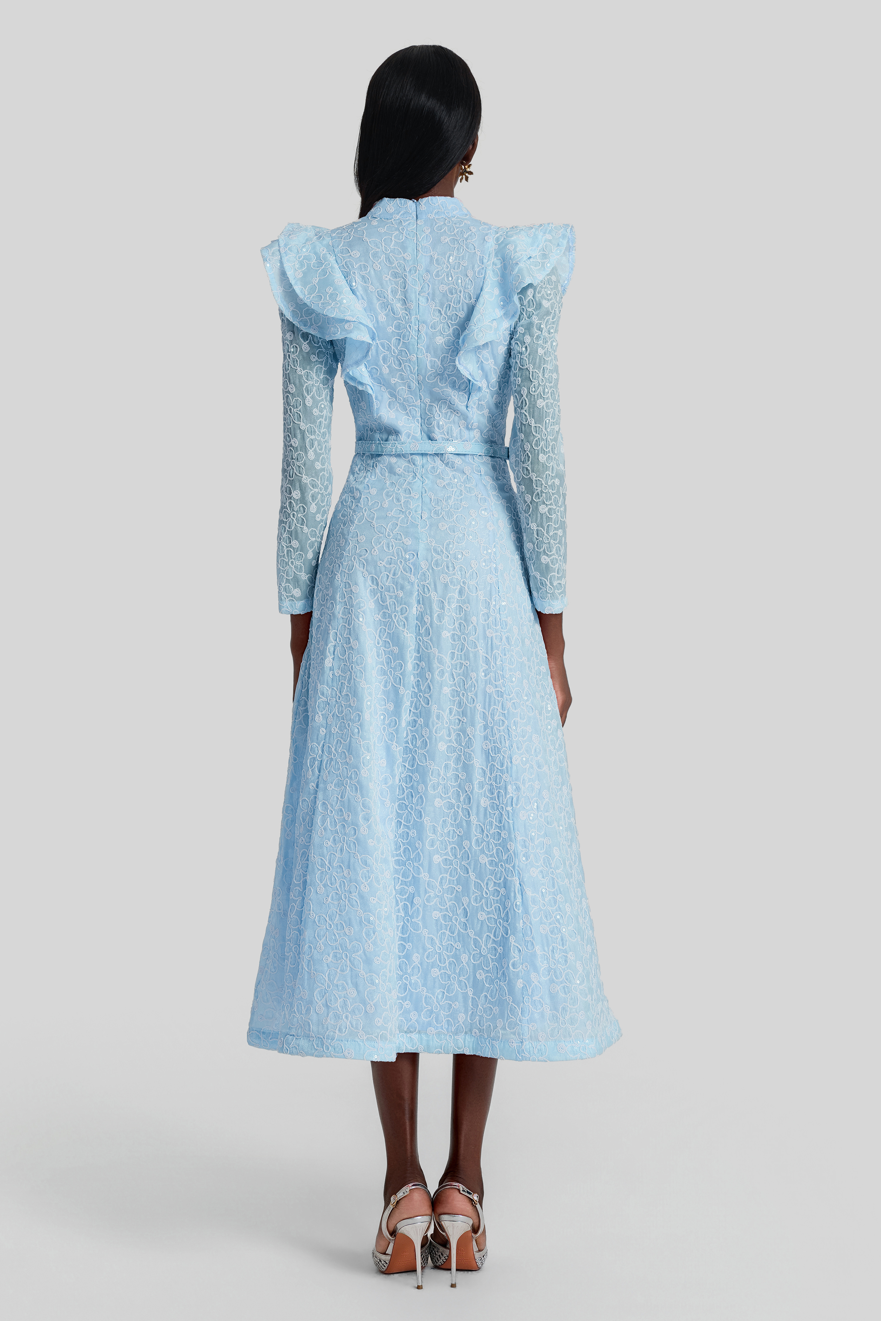 Embroidered Sequin Midi Dress With Belt
