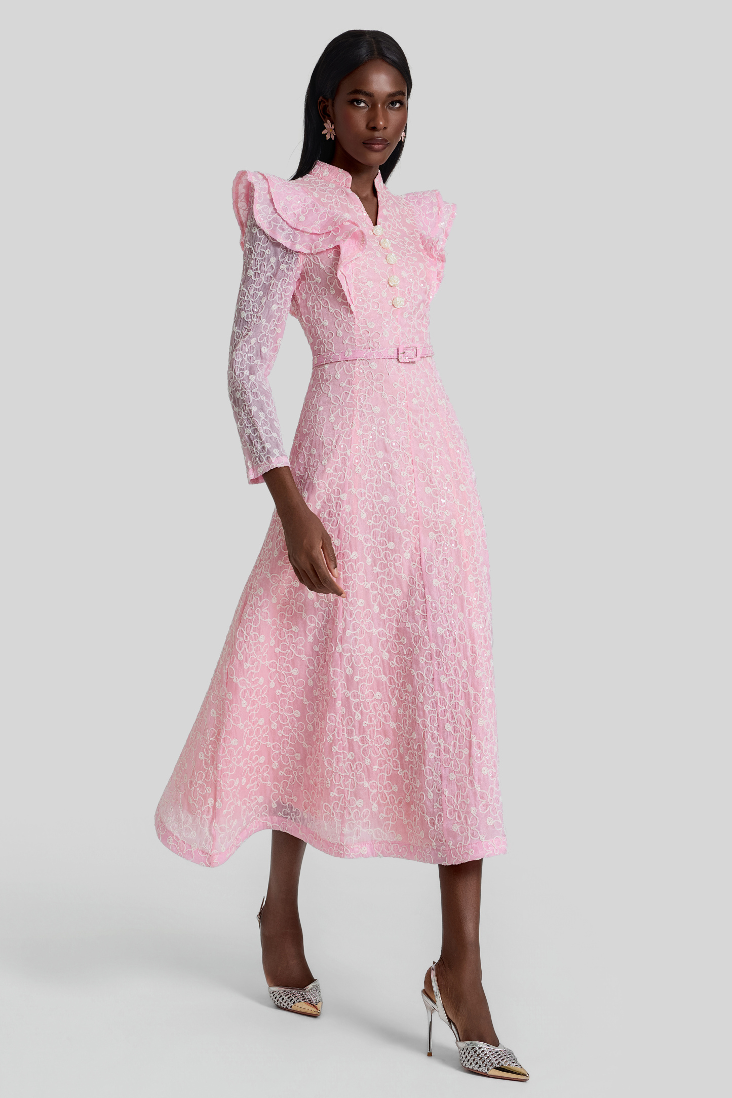 Embroidered Sequin Midi Dress With Belt