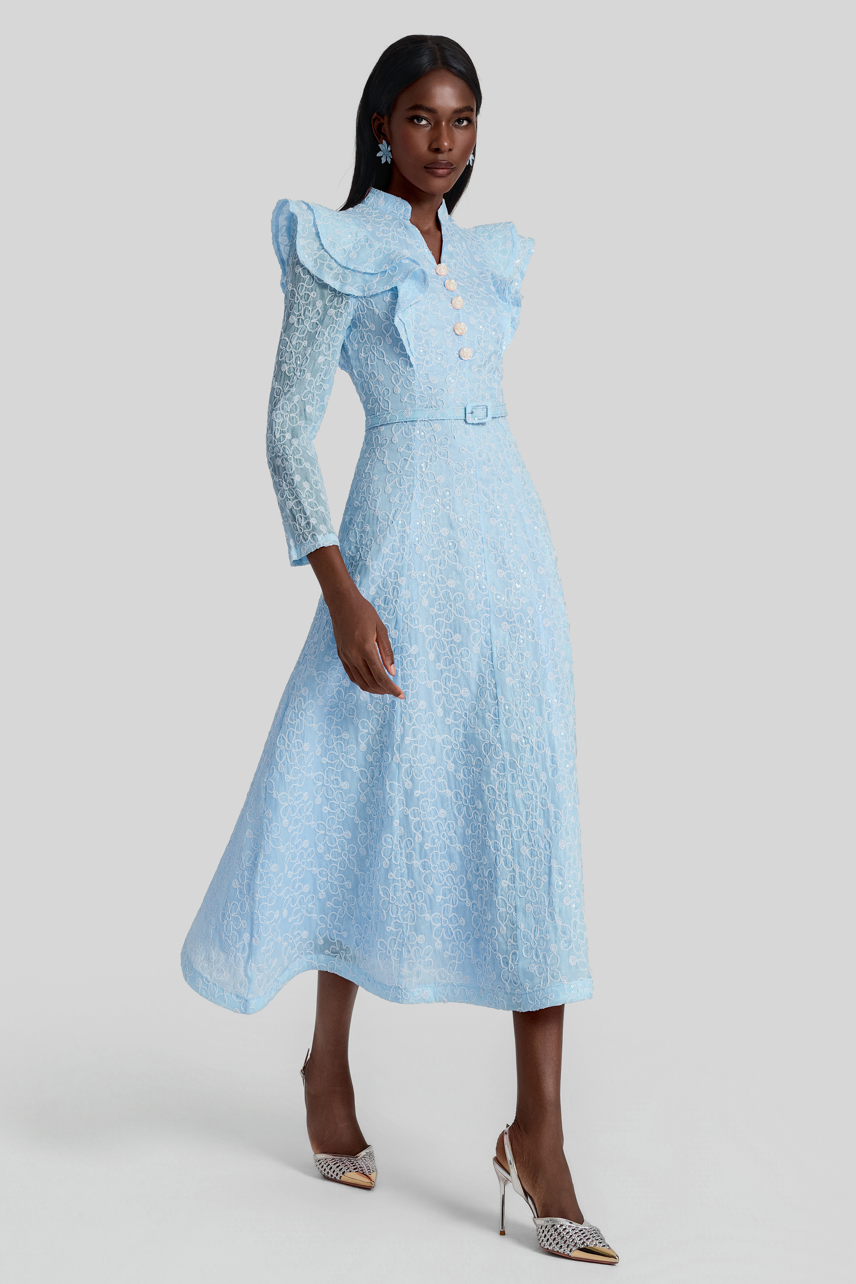Embroidered Sequin Midi Dress With Belt
