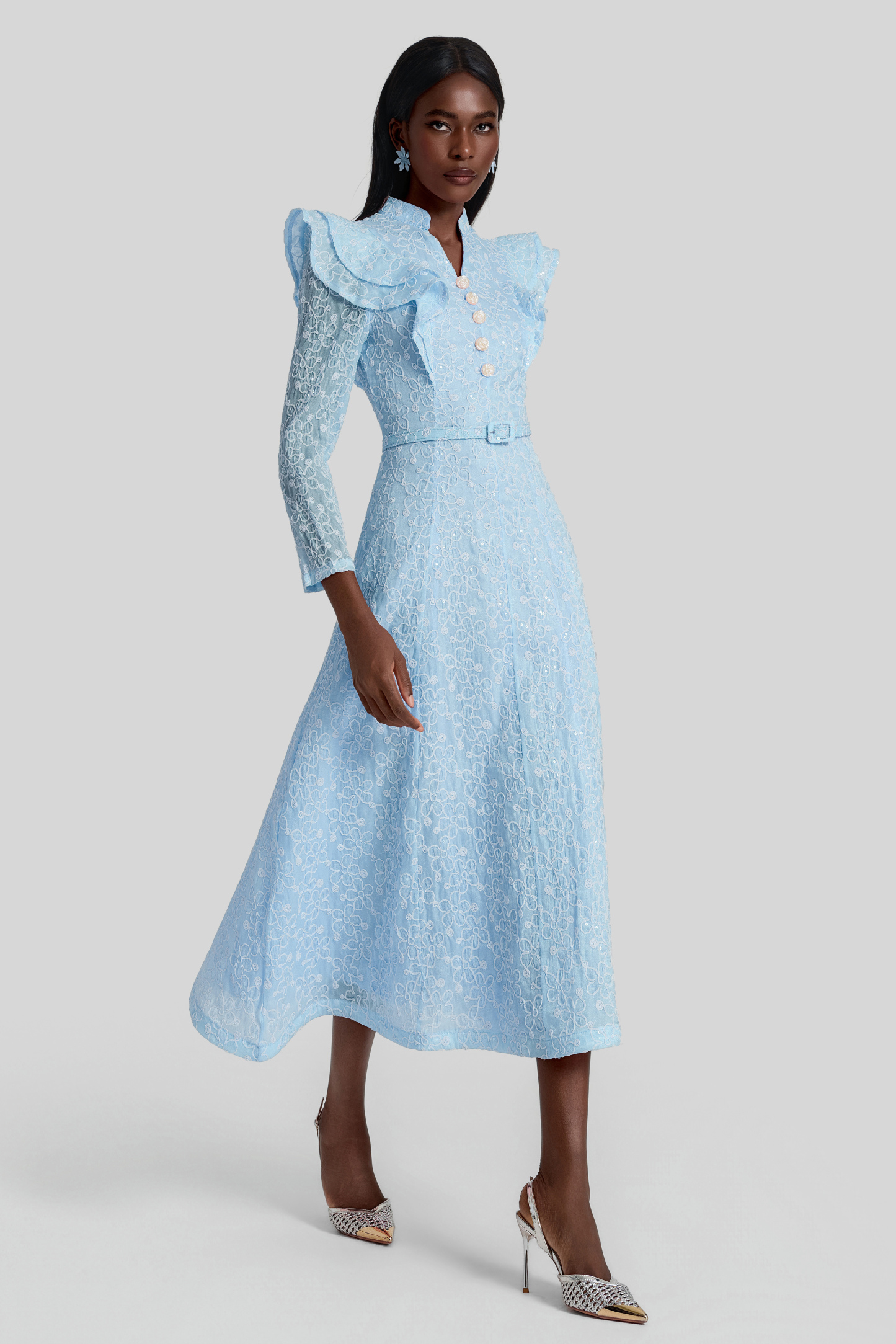 Embroidered Sequin Midi Dress With Belt