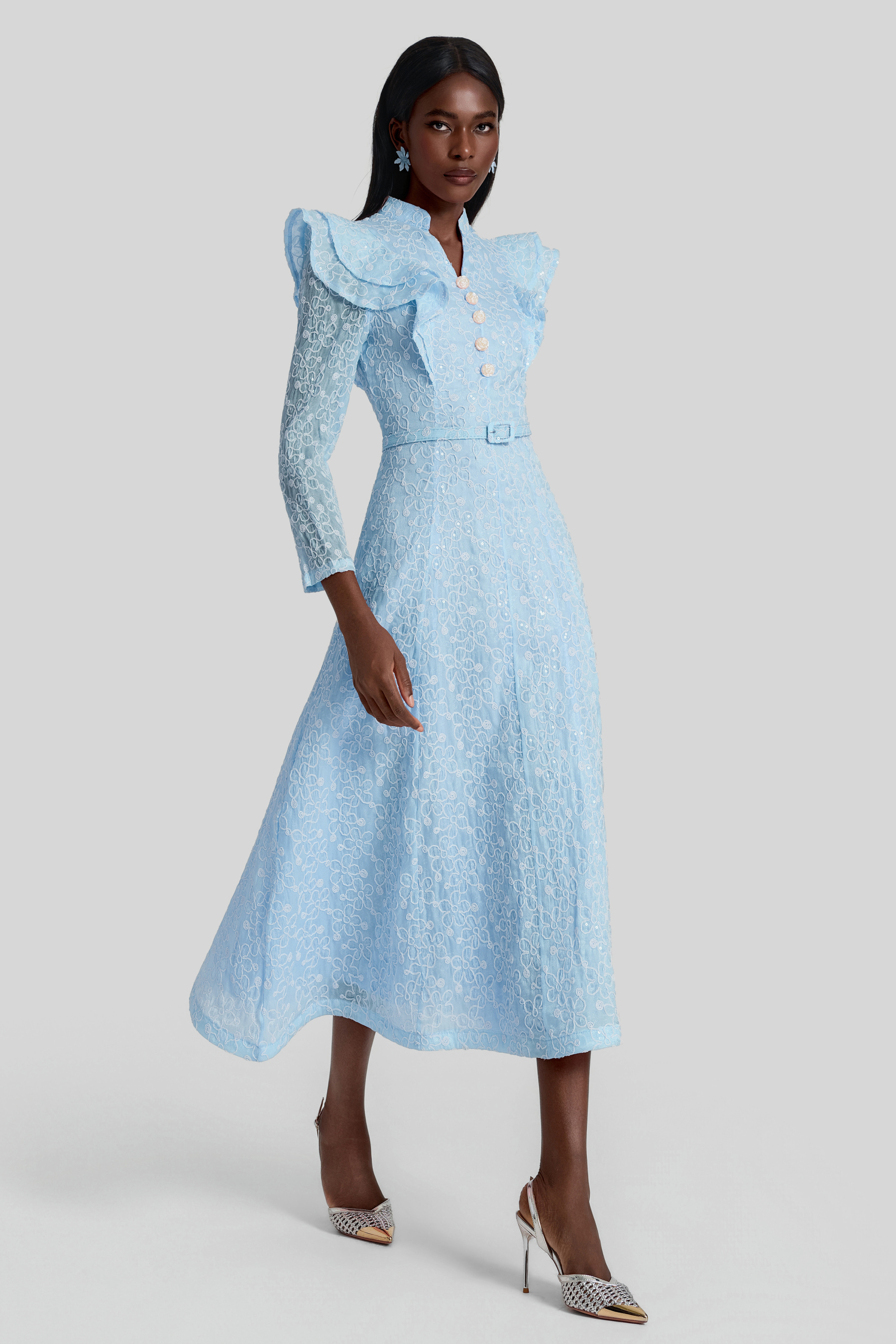Embroidered Sequin Midi Dress With Belt