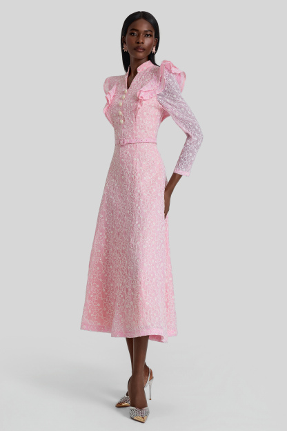 Embroidered Sequin Midi Dress With Belt