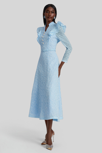 Embroidered Sequin Midi Dress With Belt