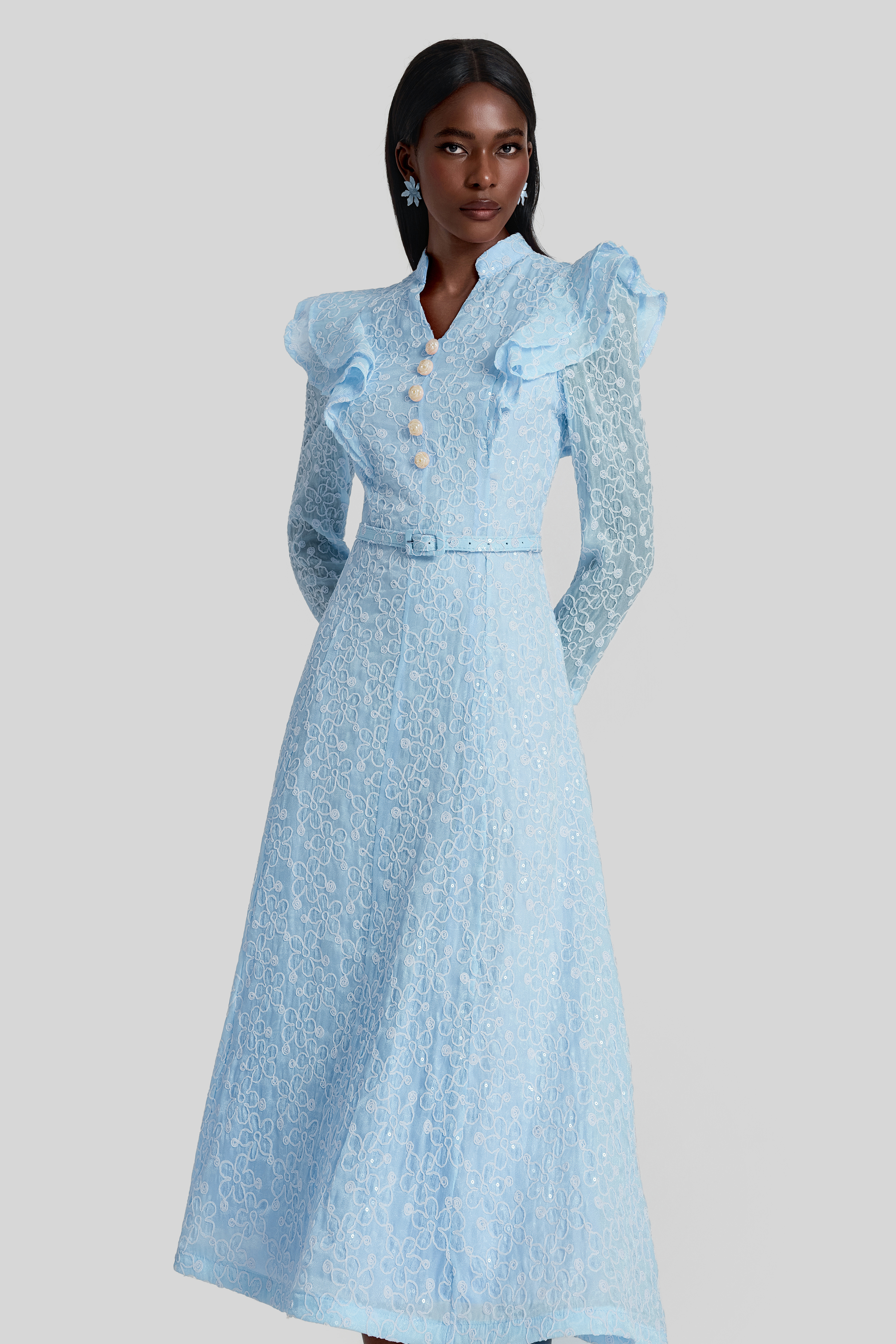 Embroidered Sequin Midi Dress With Belt