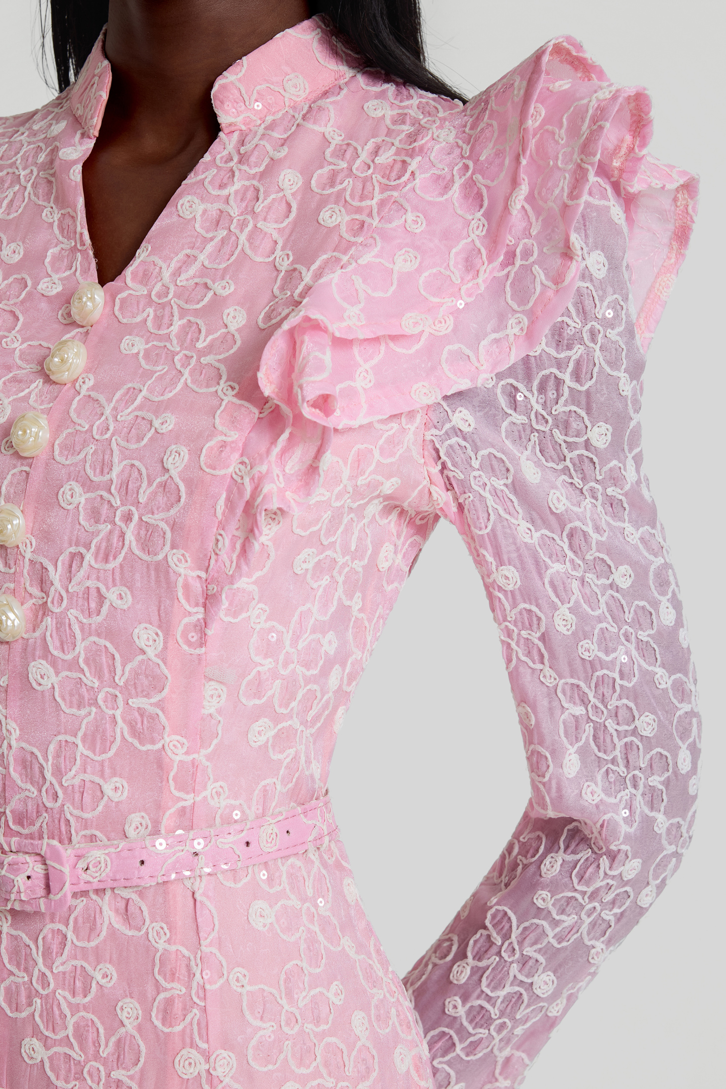 Embroidered Sequin Midi Dress With Belt