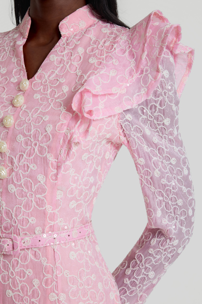 Embroidered Sequin Midi Dress With Belt