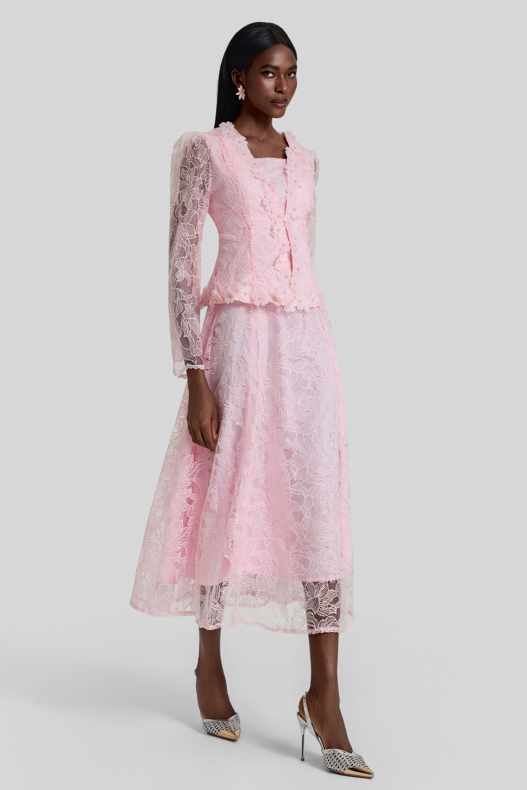 Lace 3D Flower Jacket & Sleeveless Midi Dress Set