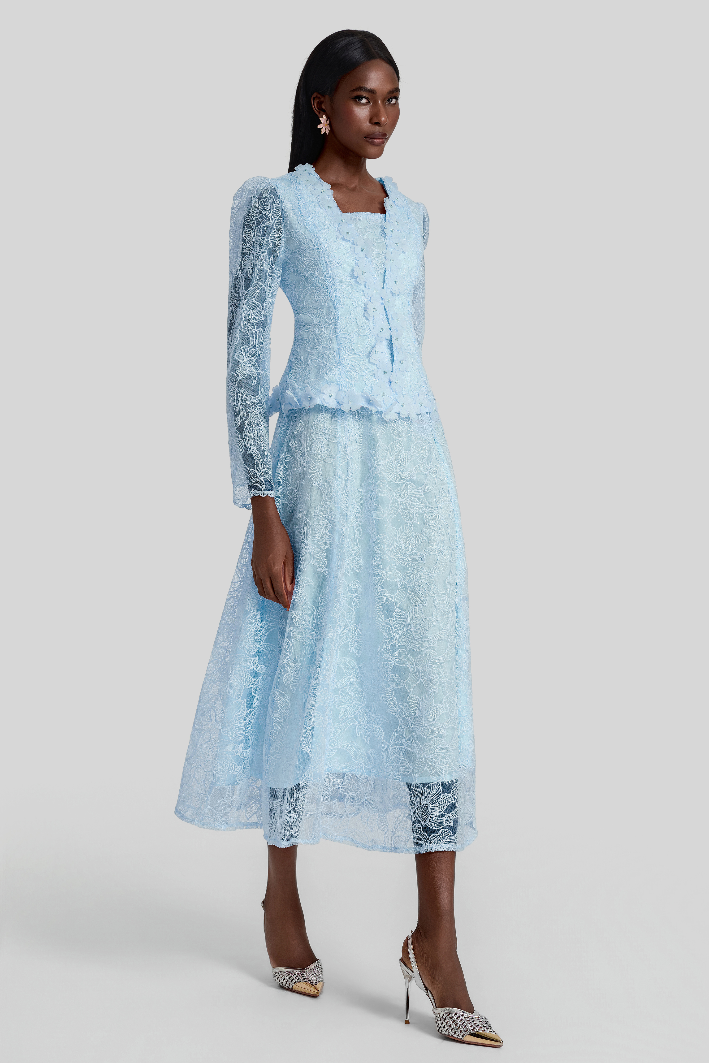 Lace 3D Flower Jacket & Sleeveless Midi Dress Set