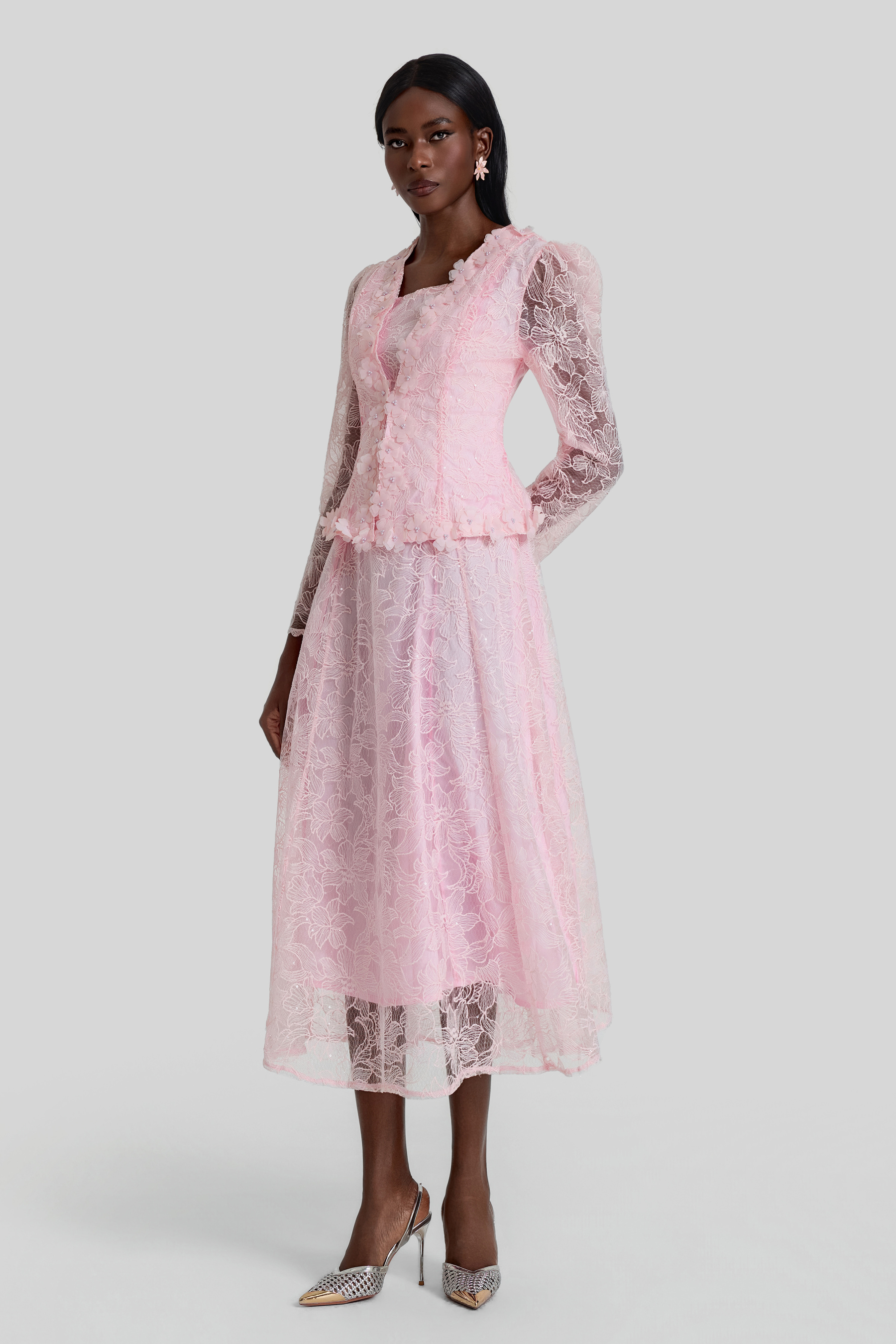 Lace 3D Flower Jacket & Sleeveless Midi Dress Set