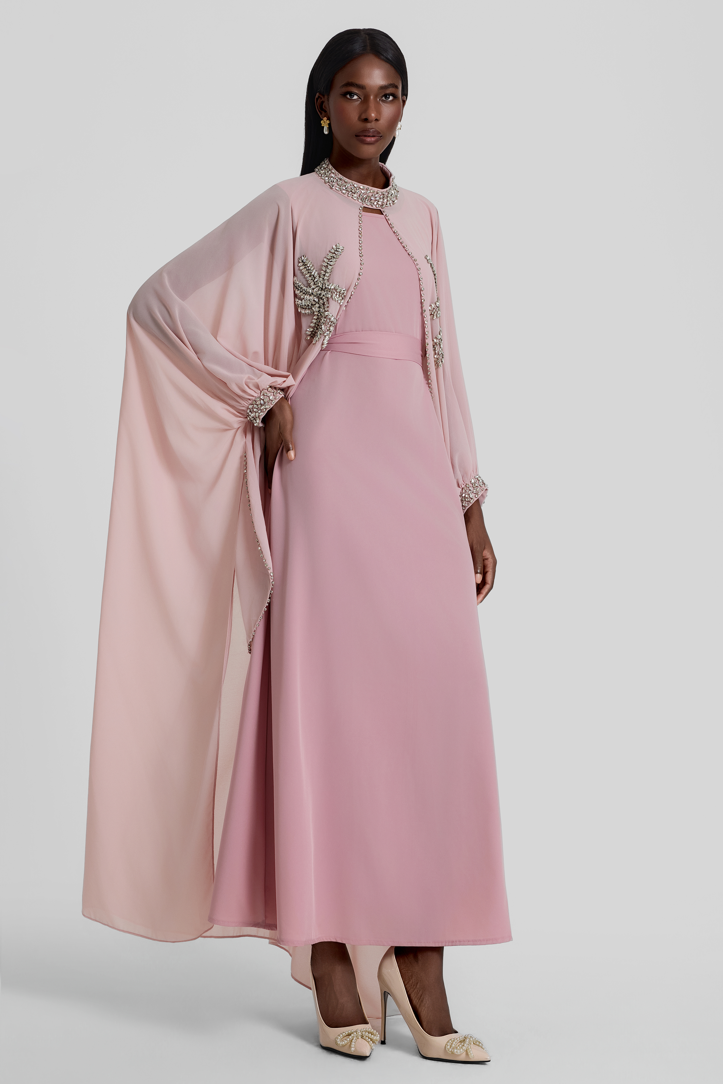 Rhinestone Rivets Batwing Sleeve Maxi Dress With Cape
