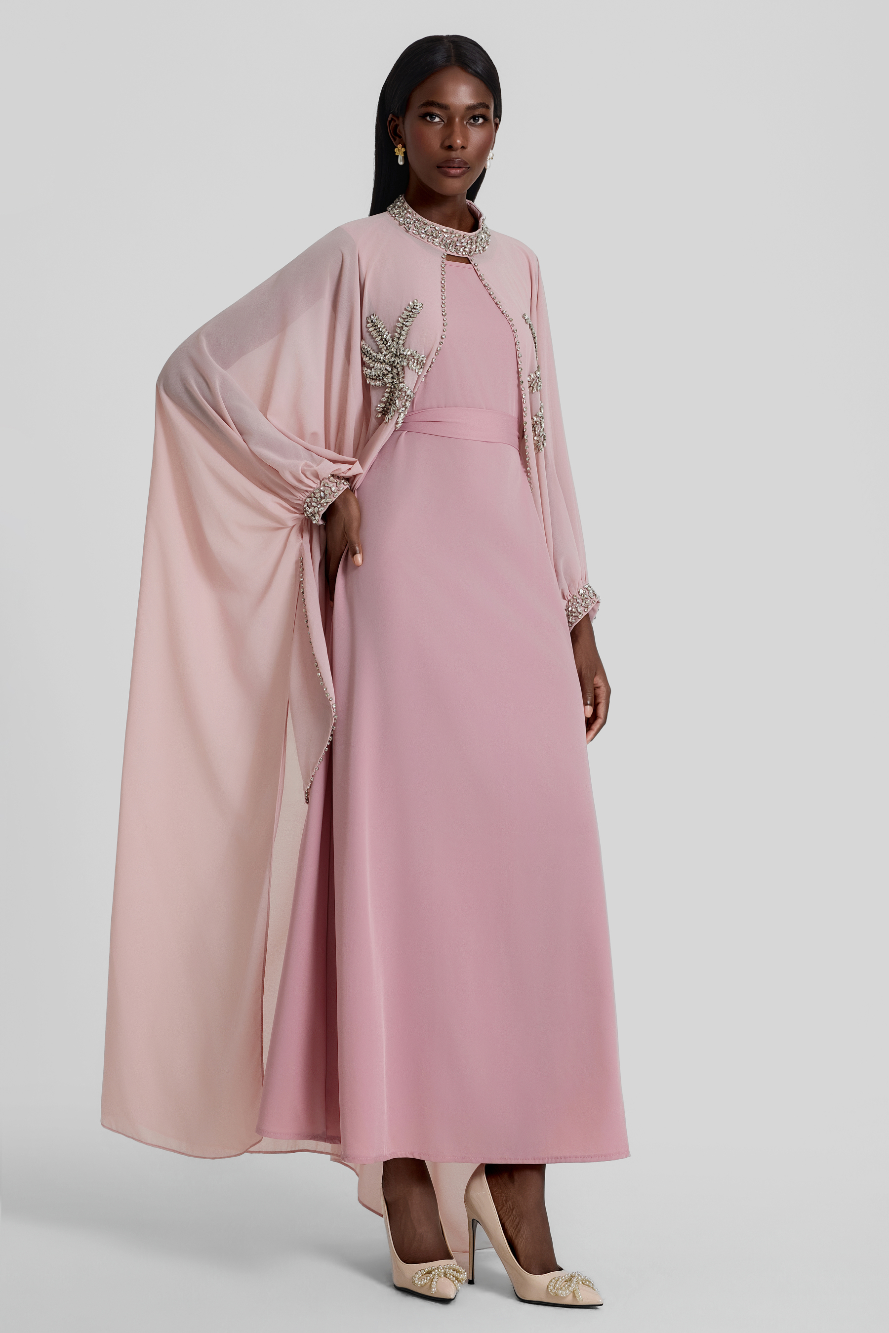 Rhinestone Rivets Batwing Sleeve Maxi Dress With Cape