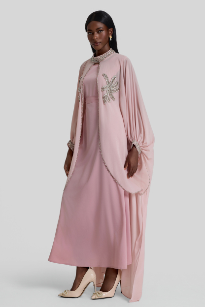 Rhinestone Rivets Batwing Sleeve Maxi Dress With Cape