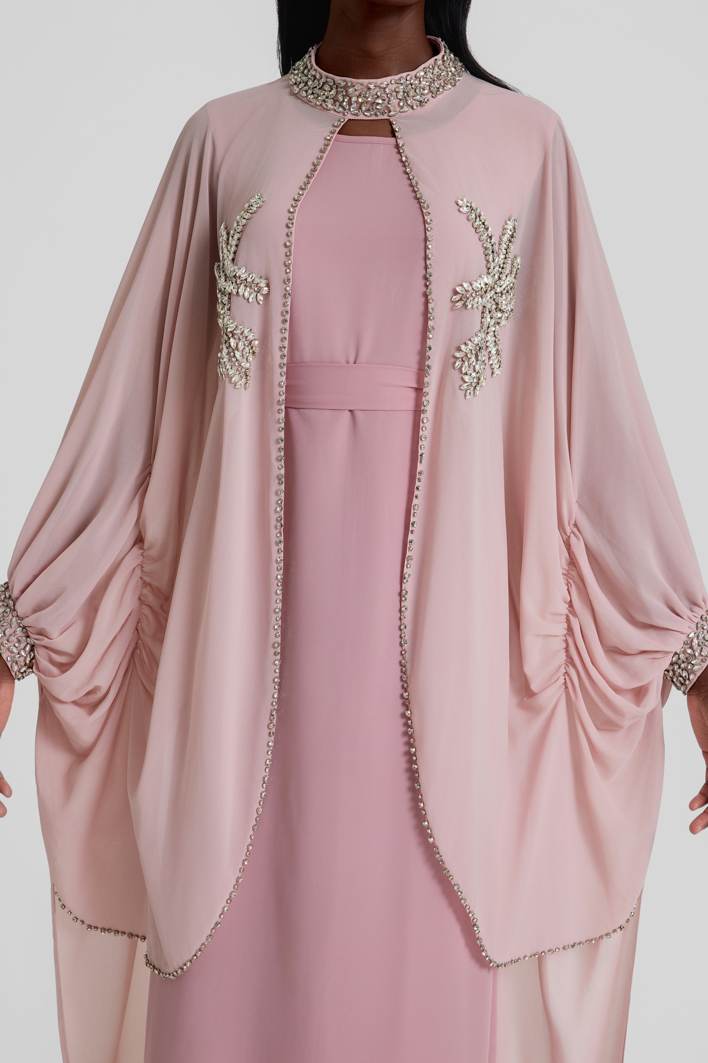 Rhinestone Rivets Batwing Sleeve Maxi Dress With Cape