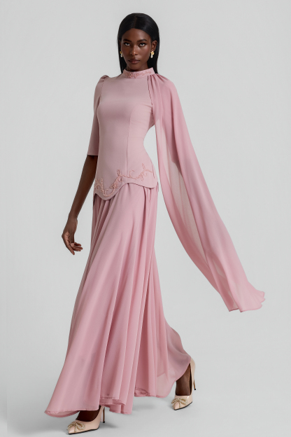 Beaded Cape Top & Mid Waist Maxi Skirt Set