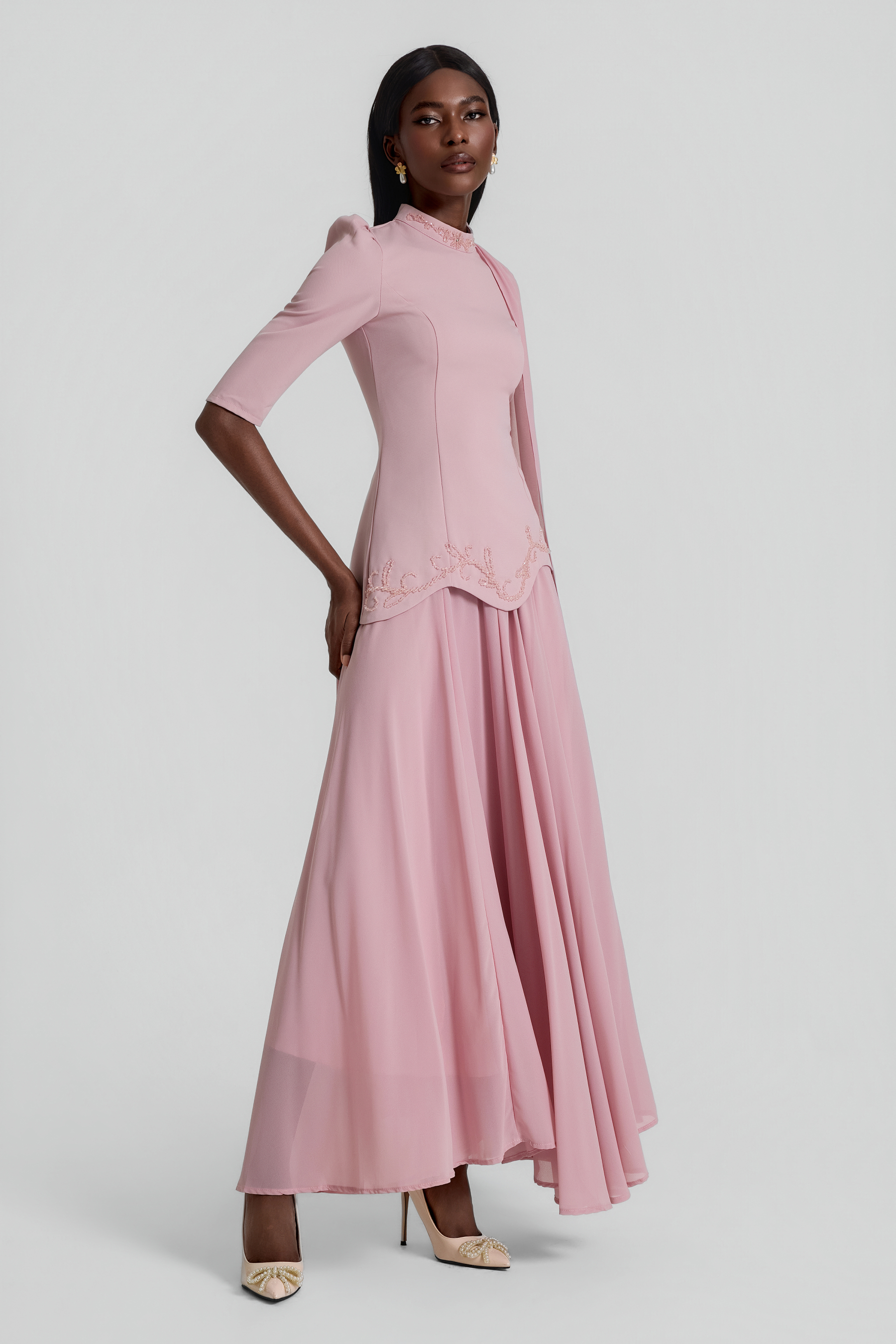 Beaded Cape Top & Mid Waist Maxi Skirt Set