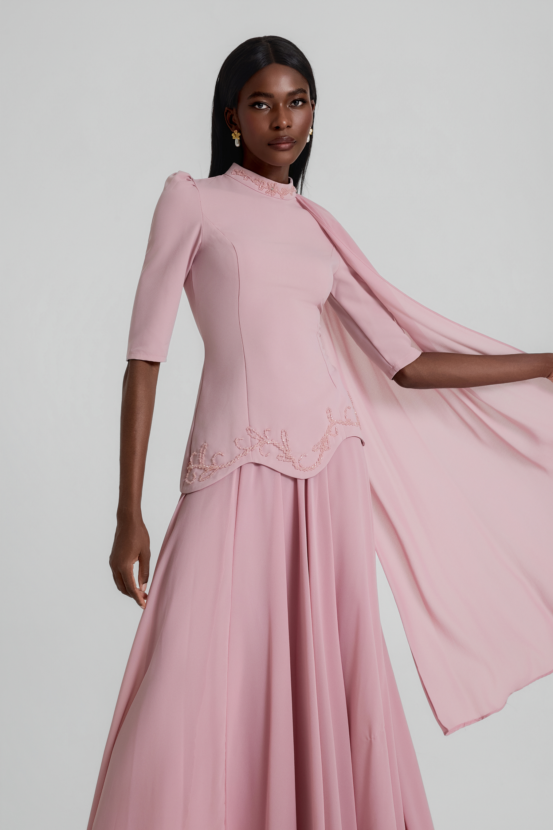 Beaded Cape Top & Mid Waist Maxi Skirt Set