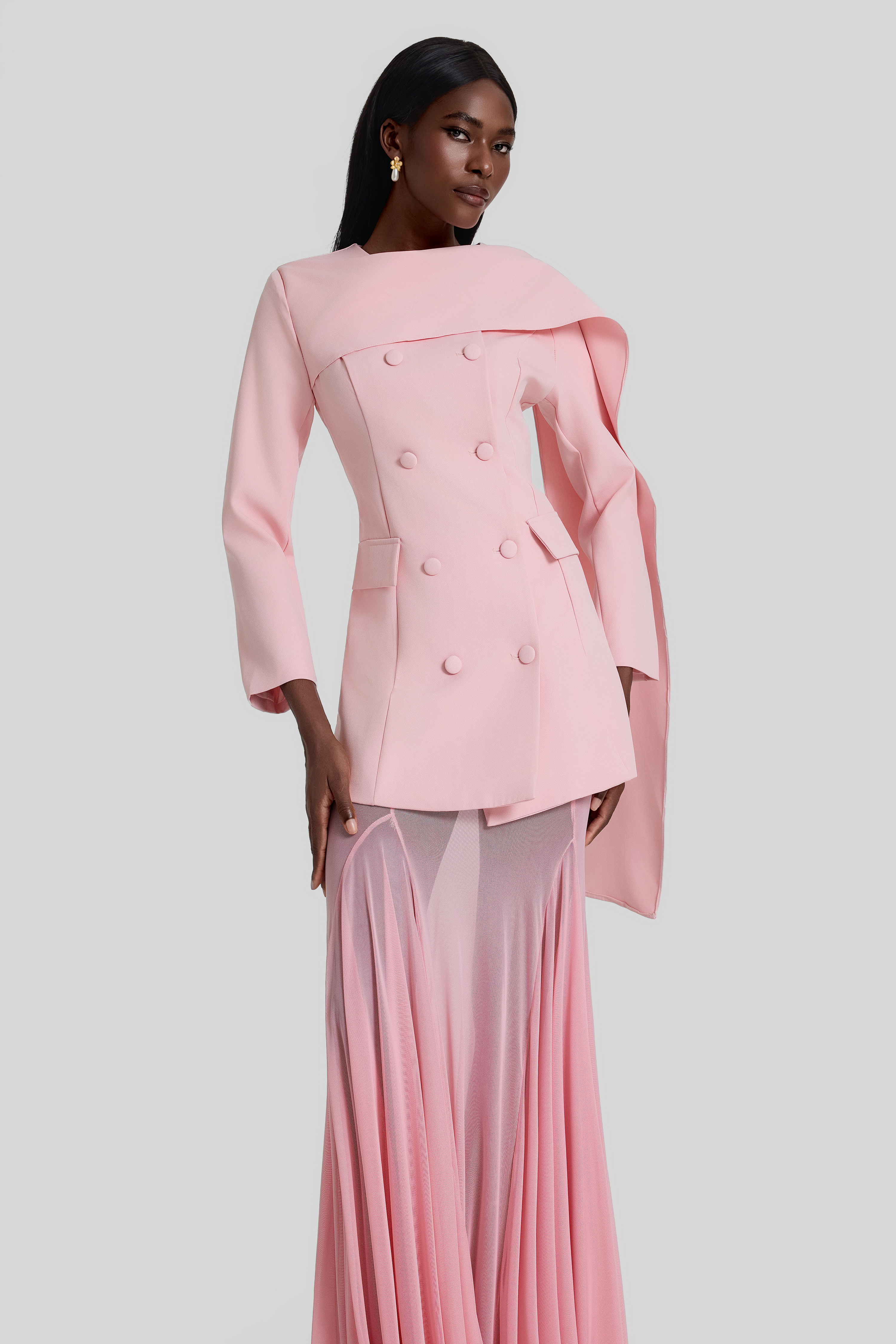 Double Breasted Long Sleeve Blazer & Mid Waist Maxi Skirt Set