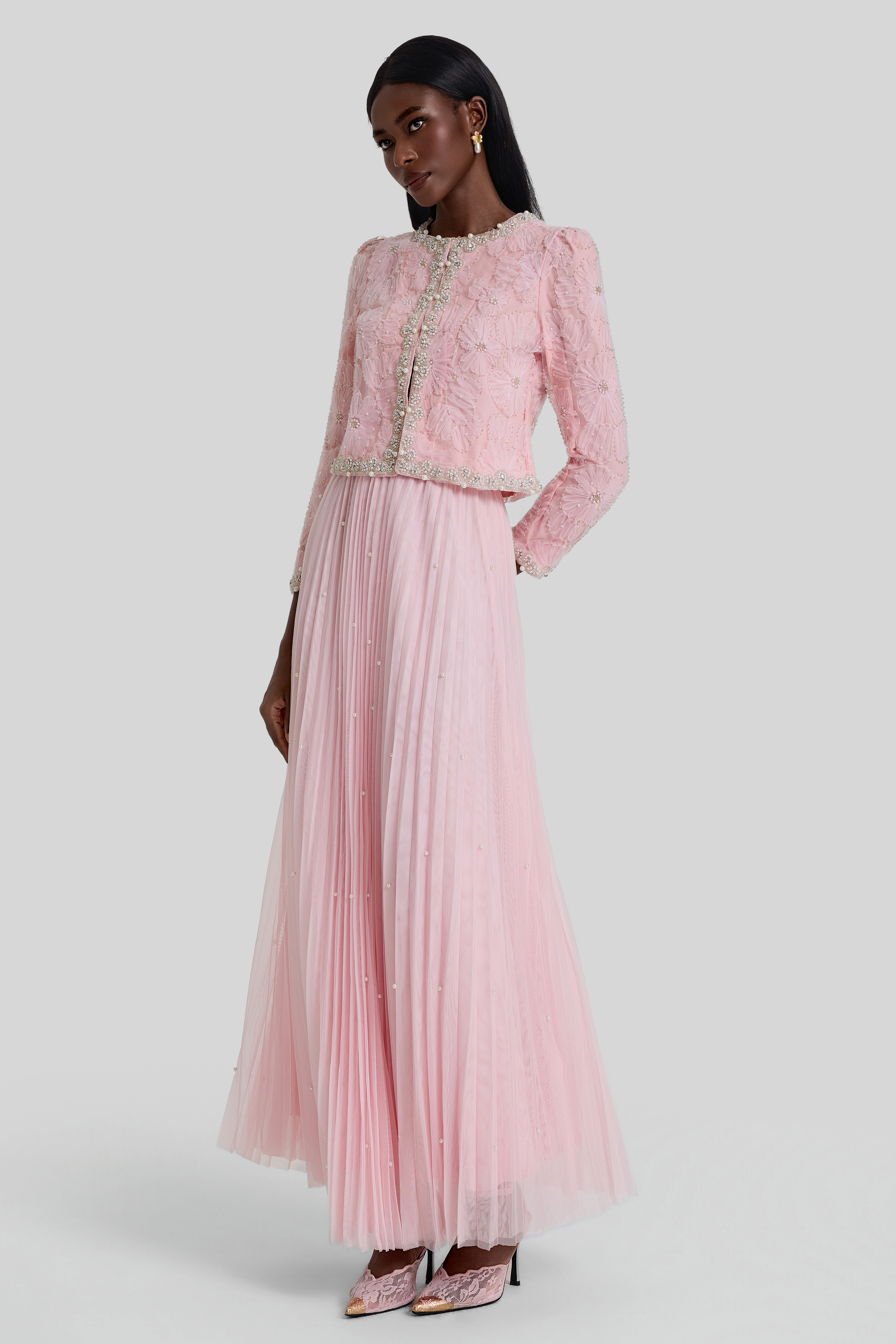 Nail Bead Embroidery Top & Mid Waist Maxi Skirt Set