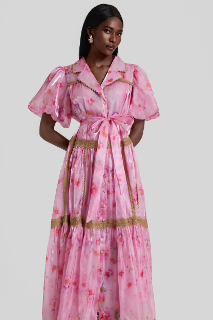 Floral Puff Sleeve Lace Trim Midi Dress With Belt