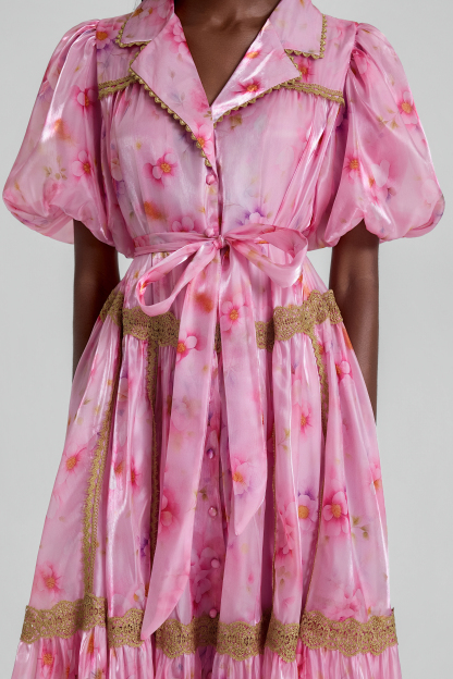 Floral Puff Sleeve Lace Trim Midi Dress With Belt