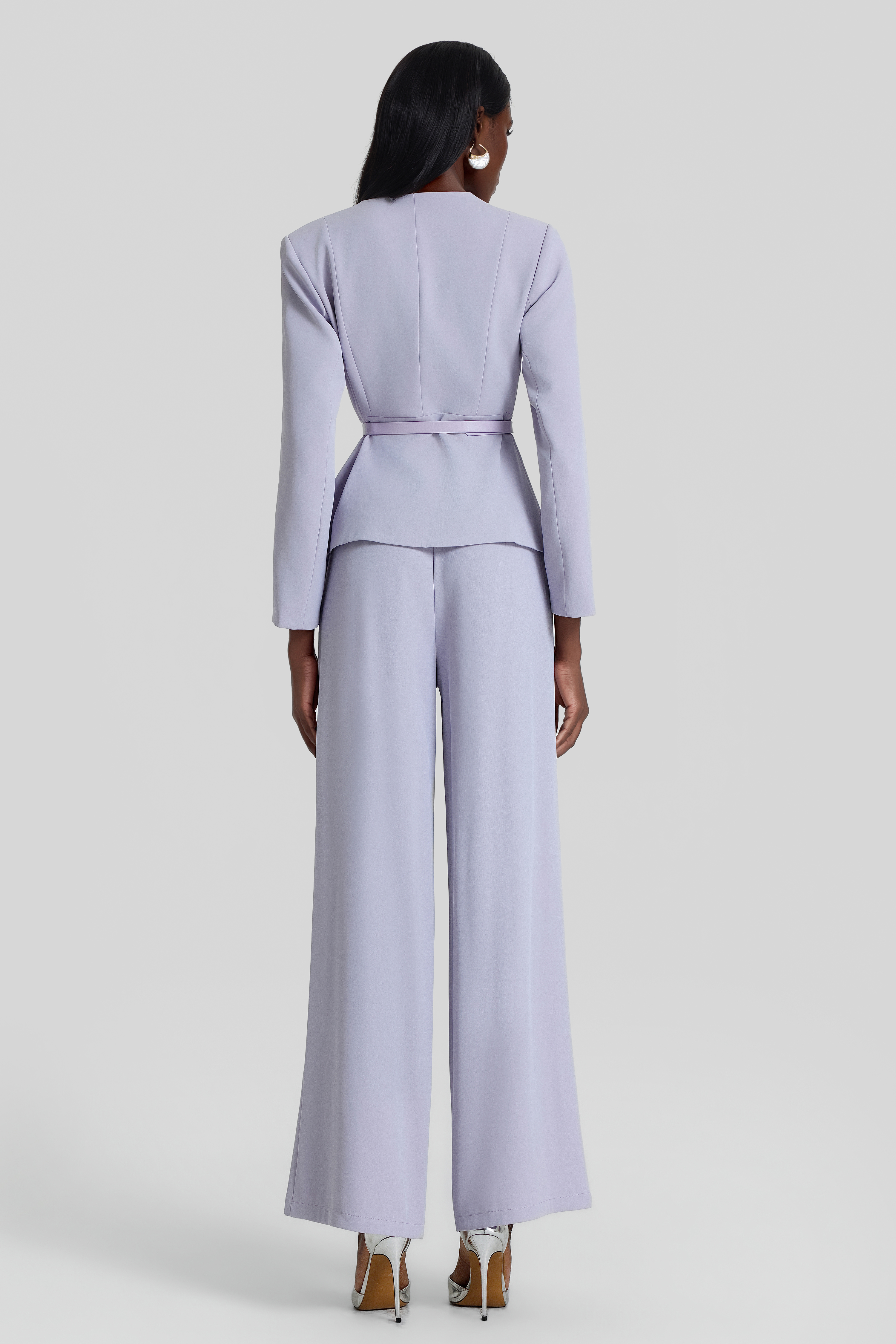V-Neck Blazer With Belt & High Waist Pants Set