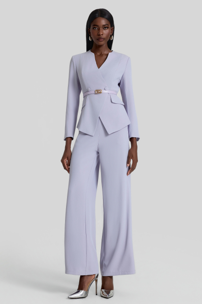 V-Neck Blazer With Belt & High Waist Pants Set
