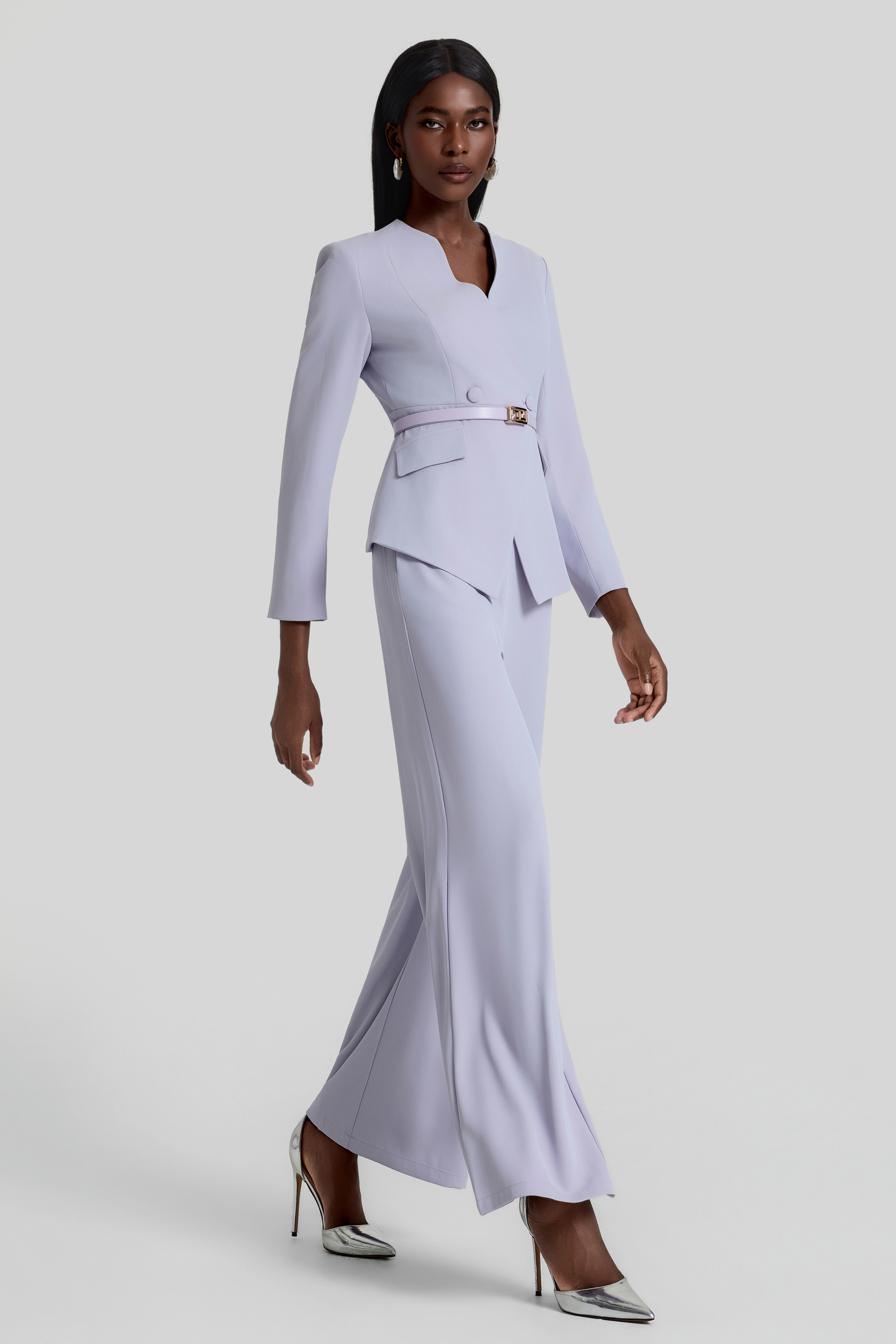 V-Neck Blazer With Belt & High Waist Pants Set