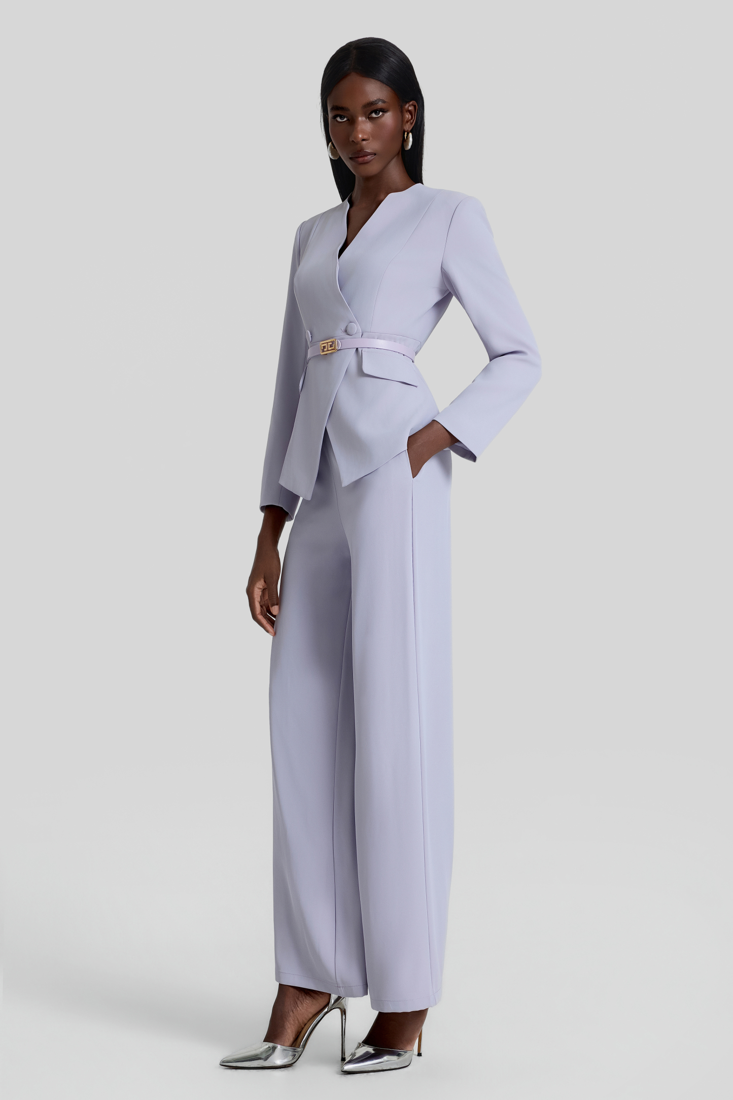 V-Neck Blazer With Belt & High Waist Pants Set